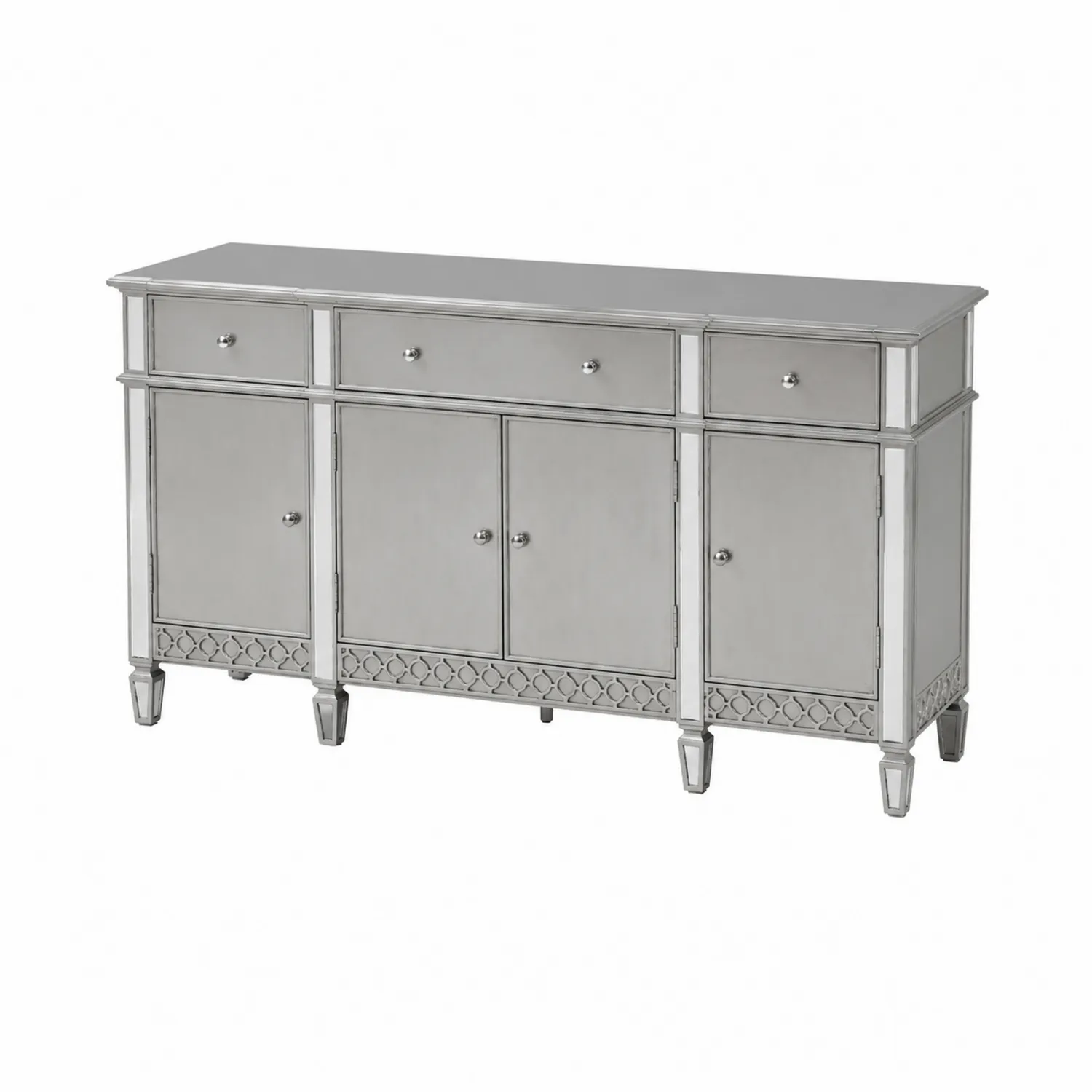 Buffet en verre et métal argenté avec portes et tiroirs