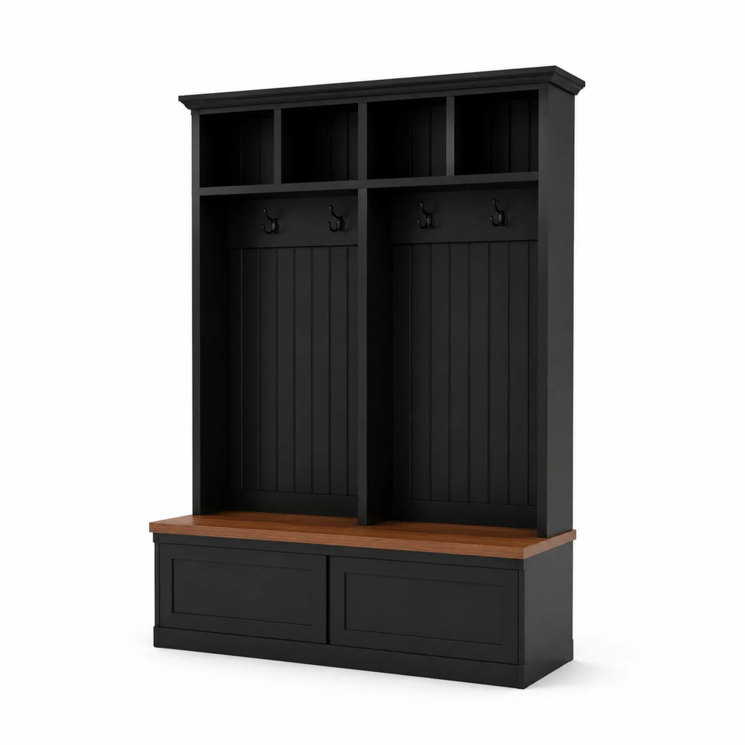 Meuble de rangement en bois noir avec crochets et banc