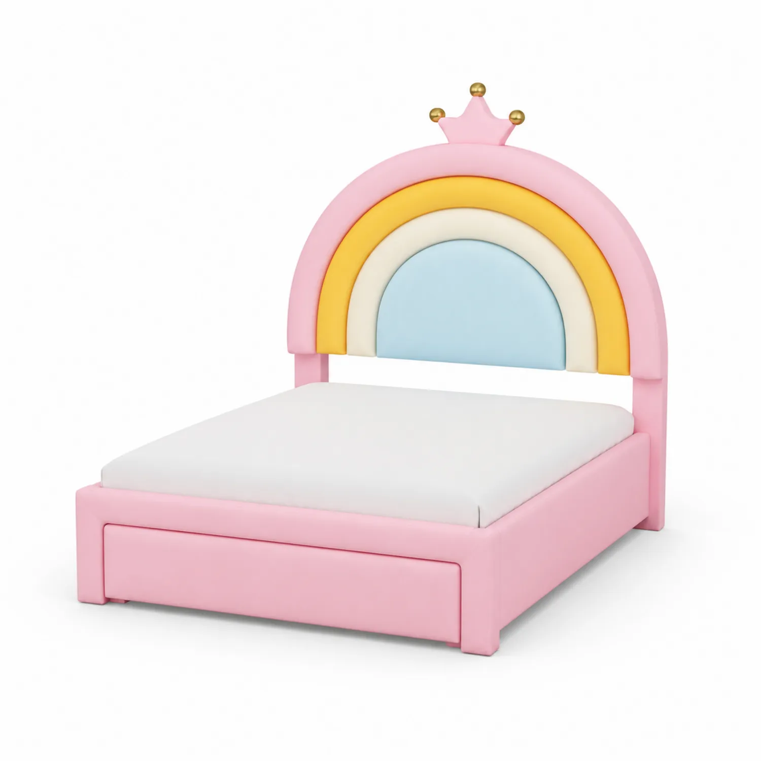 Lit enfant en bois et similicuir avec tête de lit arc-en-ciel