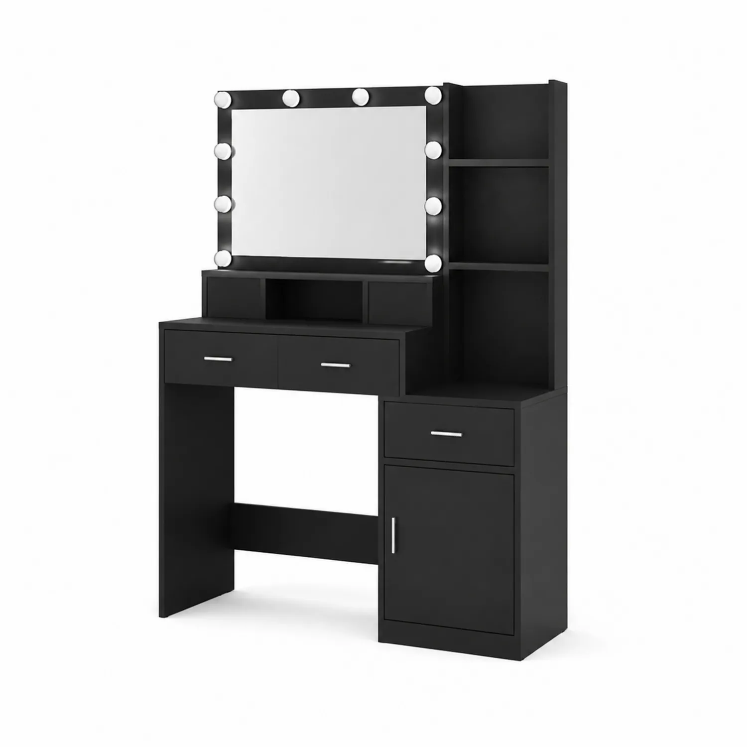 Coiffeuse en MDF Noir avec Étagères et Miroir LED 160x120x50 cm