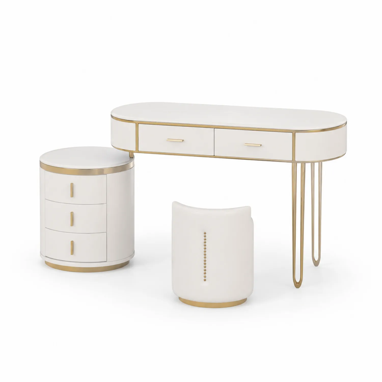 Coiffeuse Bois avec Tabouret et Caisson de Rangement Blanc/Or