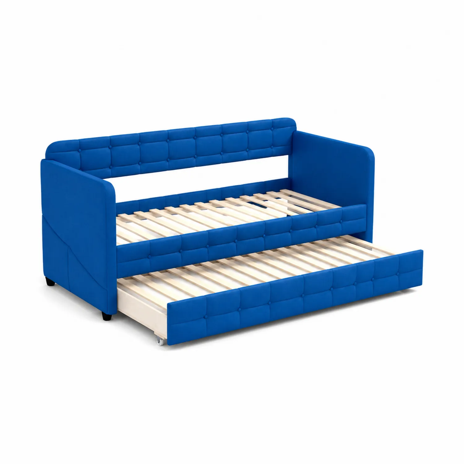 Lit de jour en bois et tissu bleu avec tiroir