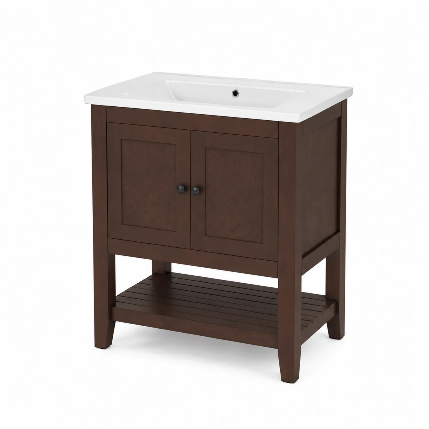 Meuble vasque en bois avec lavabo en porcelaine marron