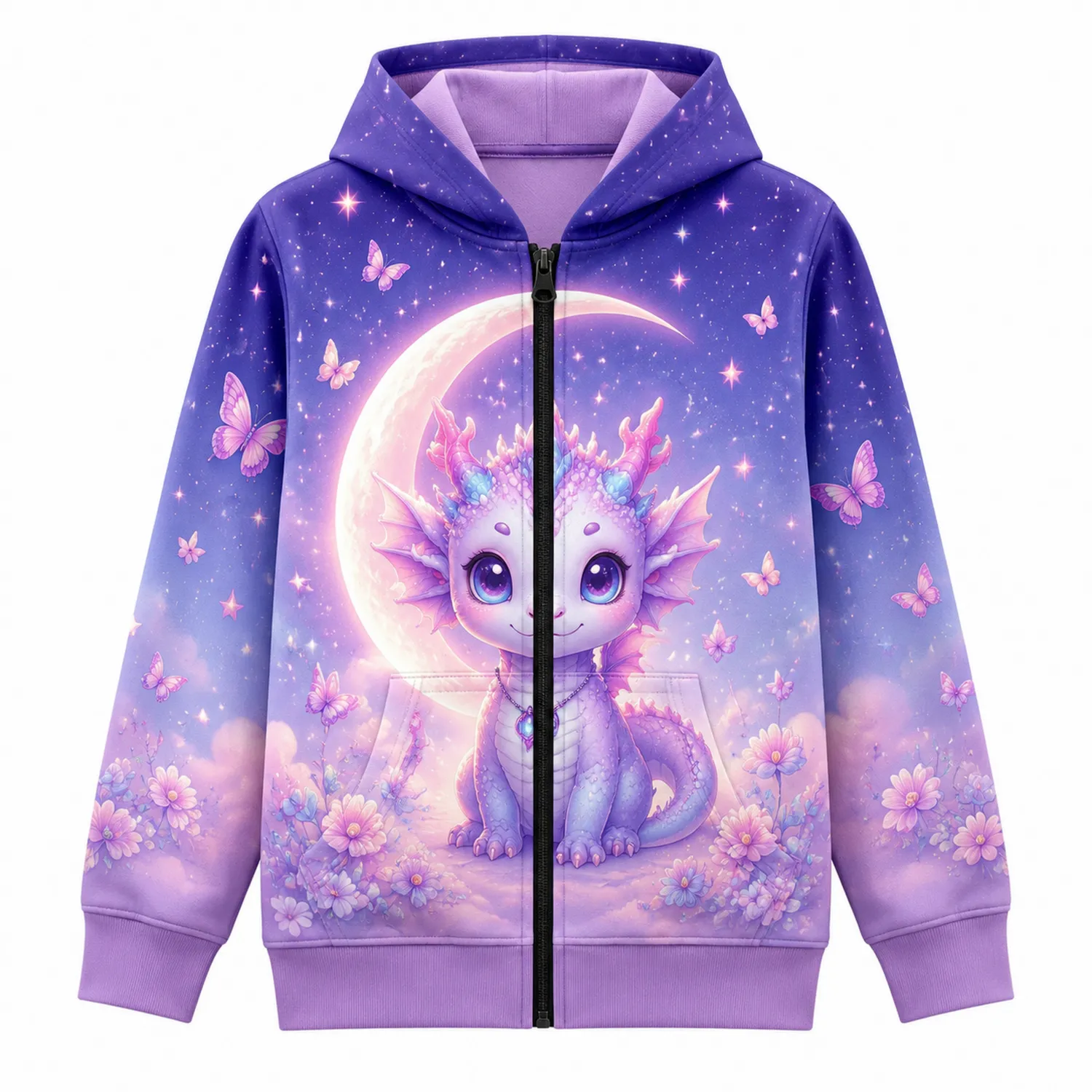 Dziecięca bluza z kapturem Axolotl i Księżyc, kwiaty wiśni, zamek błyskawiczny