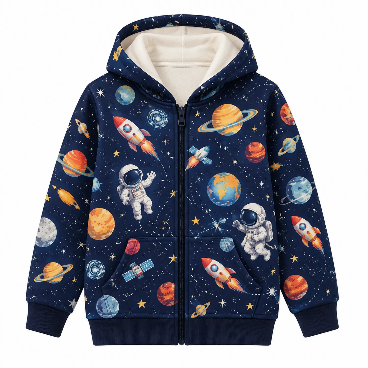 Chłopięca bluza z kapturem z astronautą i planetami, zapinana na zamek