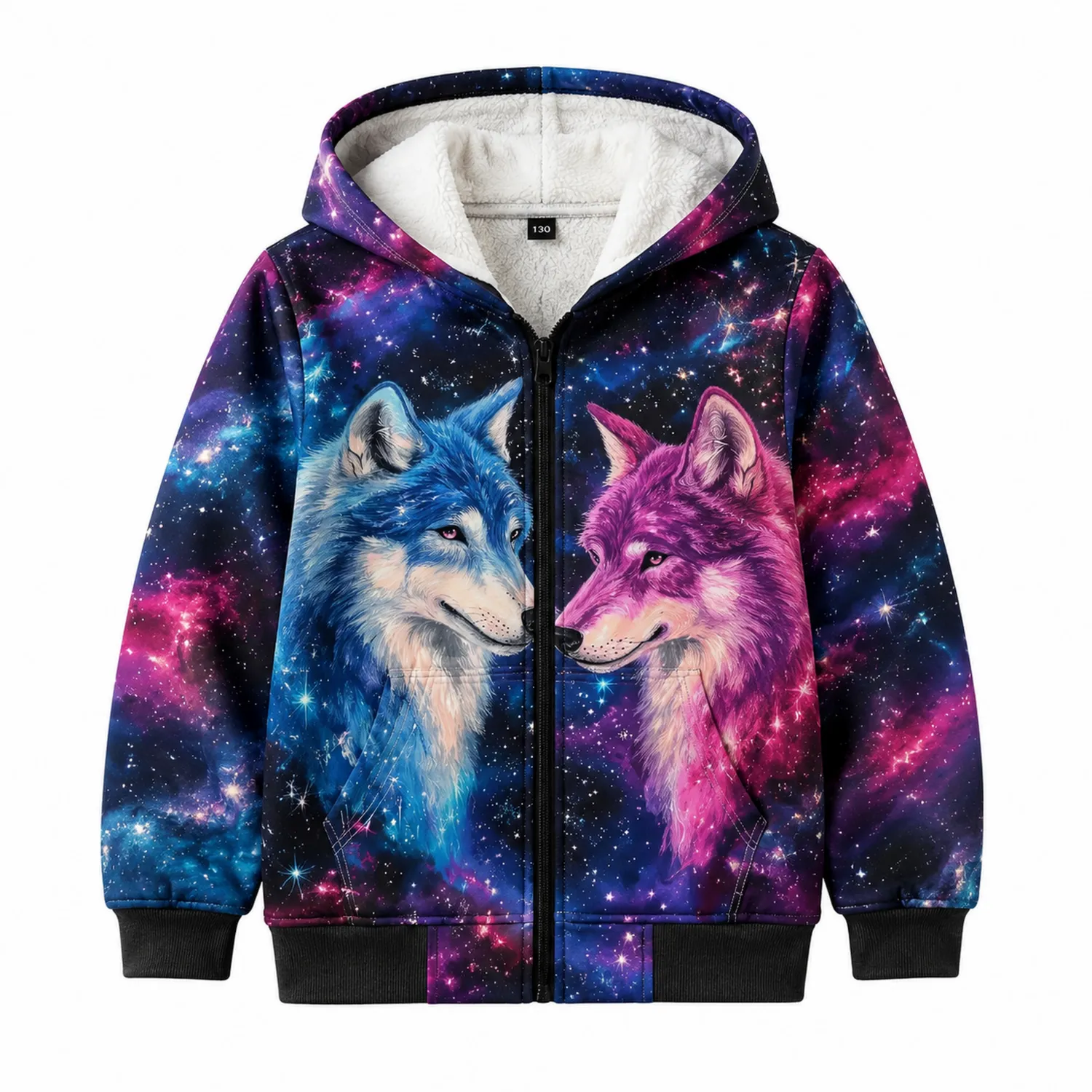 Bluza dziecięca z kapturem Galaxy z wilkami, polar wewnętrzny, zamek błyskawiczny