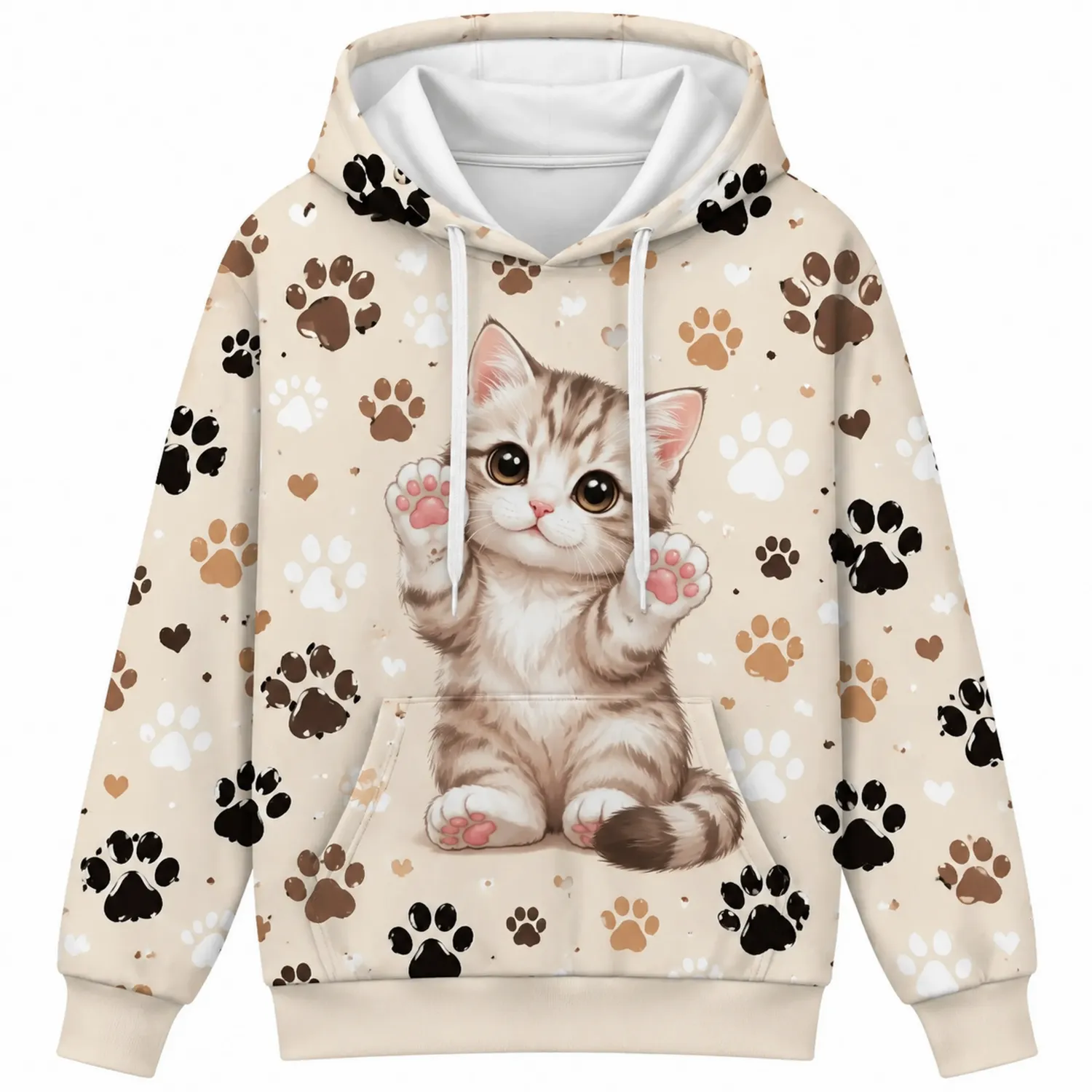 Bluza z kapturem dla dzieci z kocim wzorem z kieszenią kangura