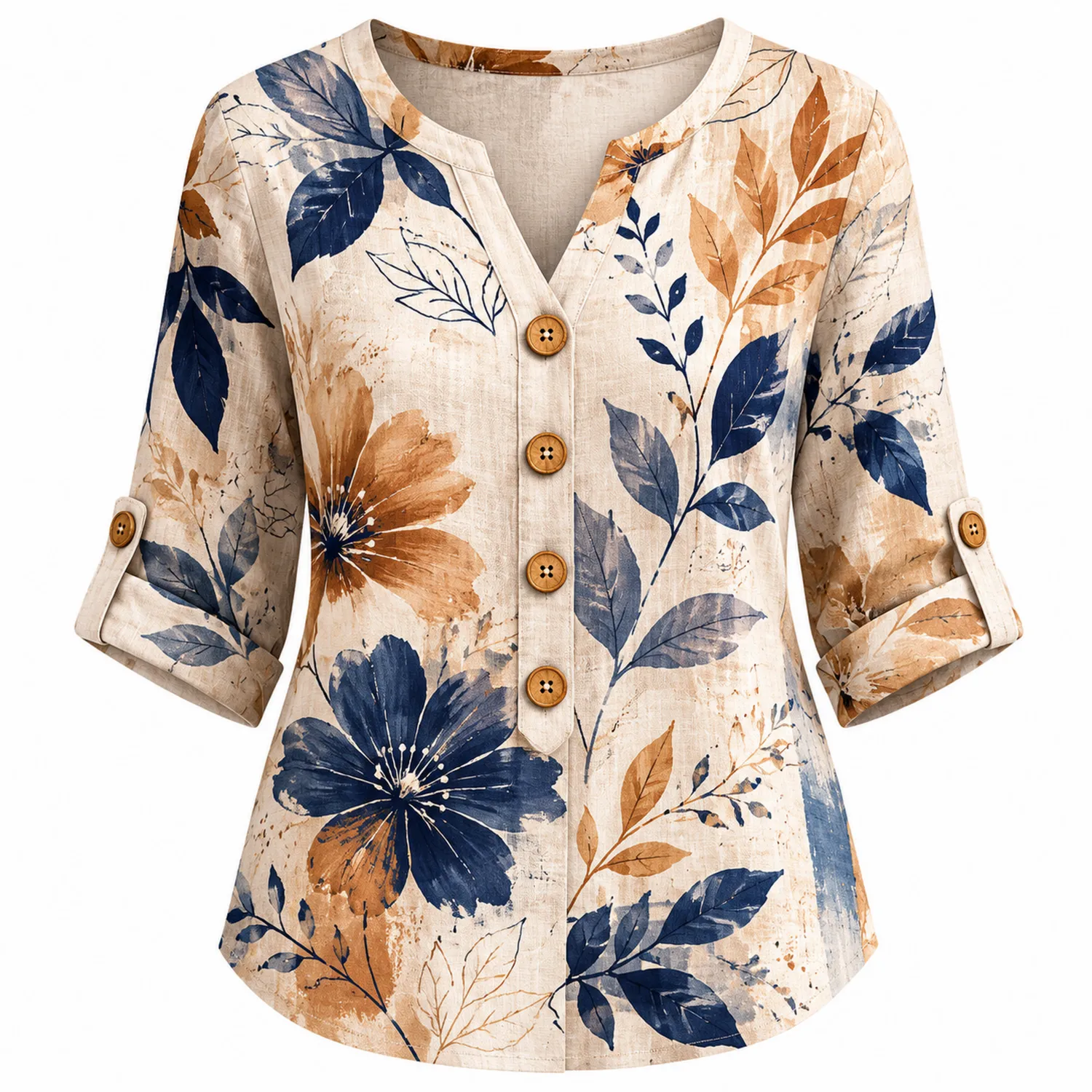 Bluzka lniana damska z nadrukiem kwiatowym V-neck 3/4 rękaw