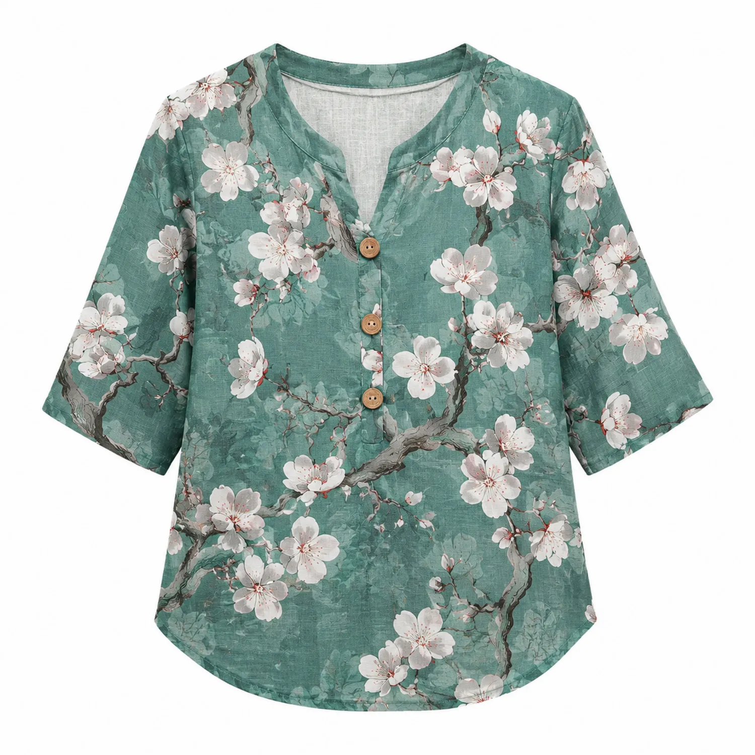 Lniana koszula damska z kwiatem wiśni V-neck 3/4 rękaw