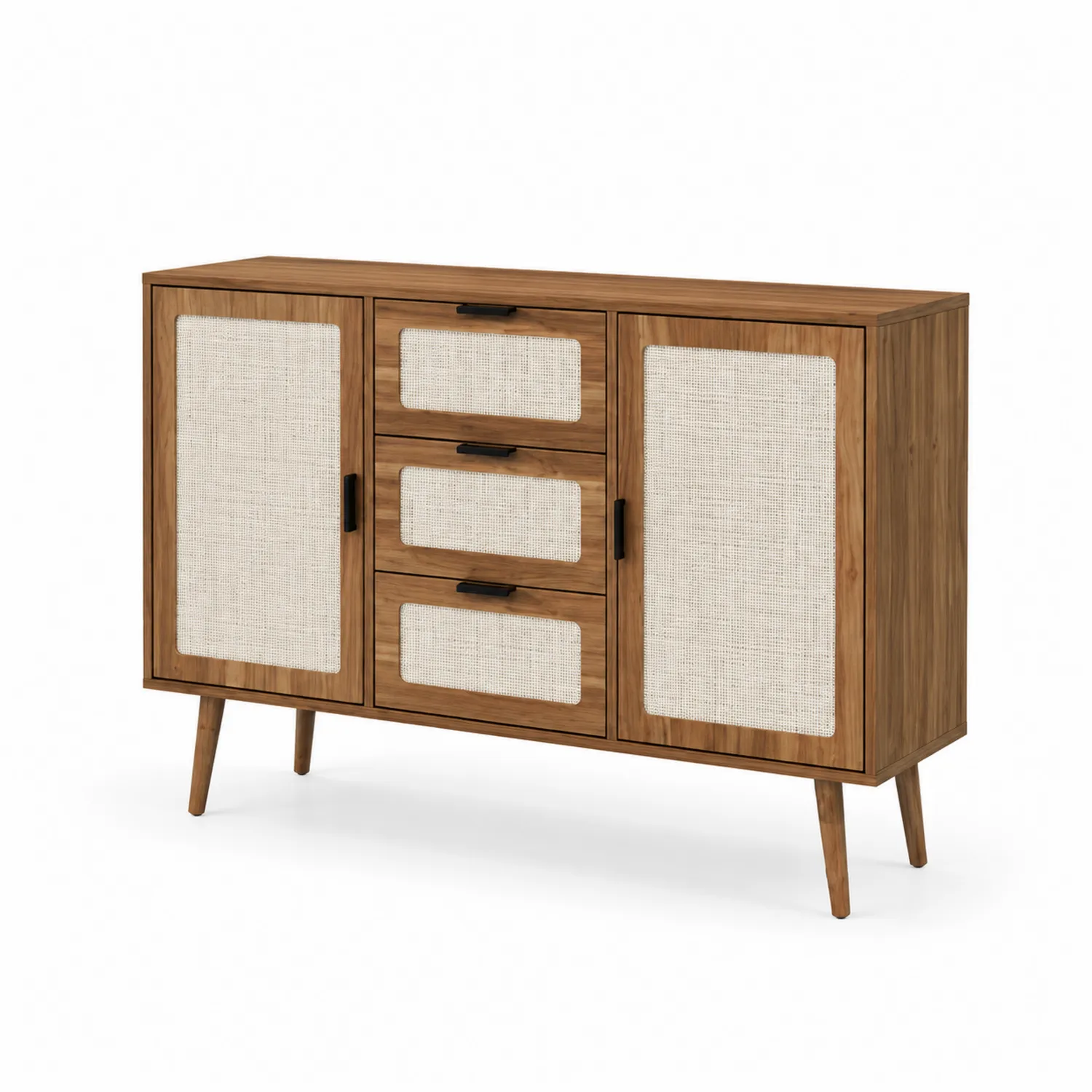 Buffet en bois avec portes en rotin et tiroirs en MDF, 120 cm