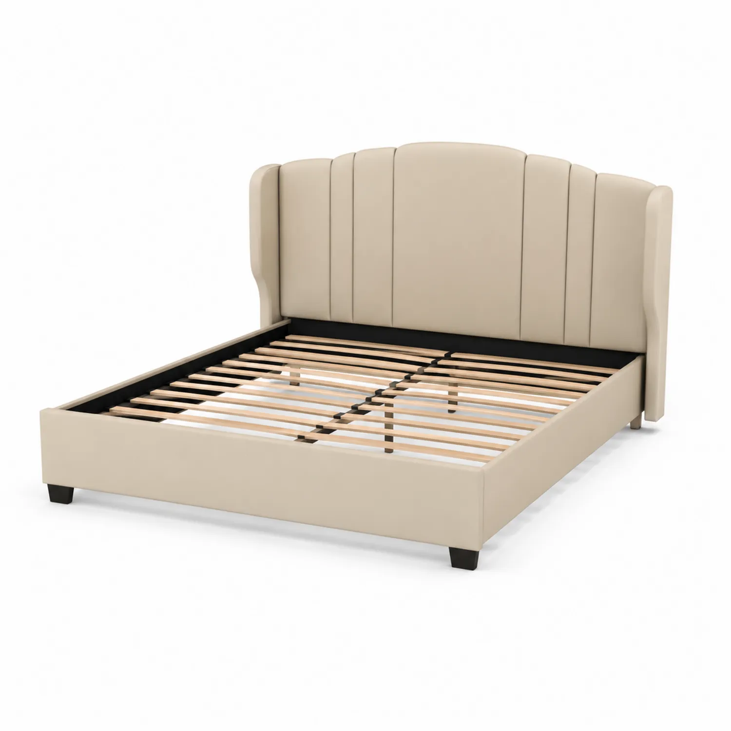 Lit double en cuir synthétique beige avec tête de lit