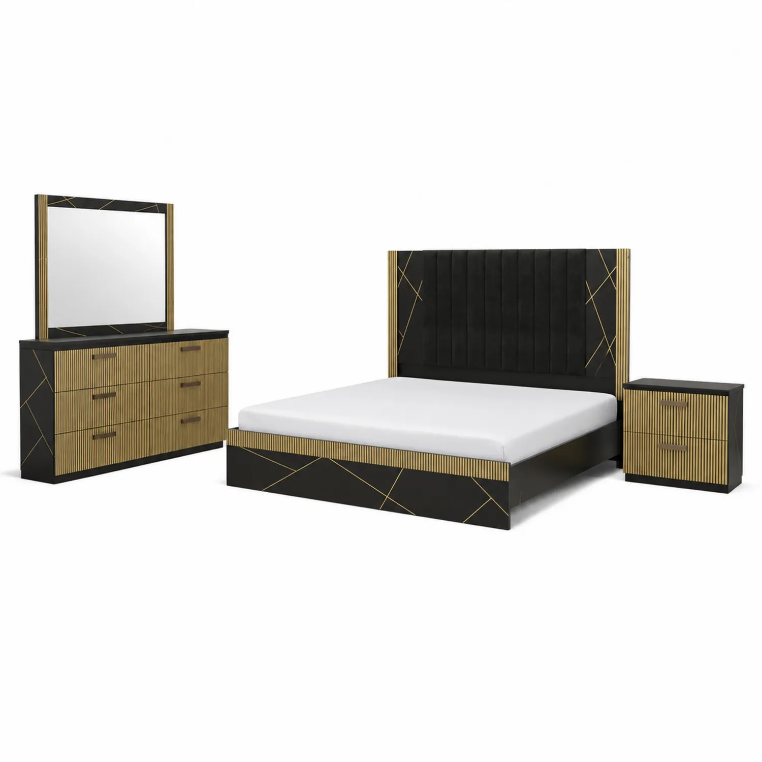 Ensemble de chambre en bois MDF Noir et Doré avec lit 160x200 cm