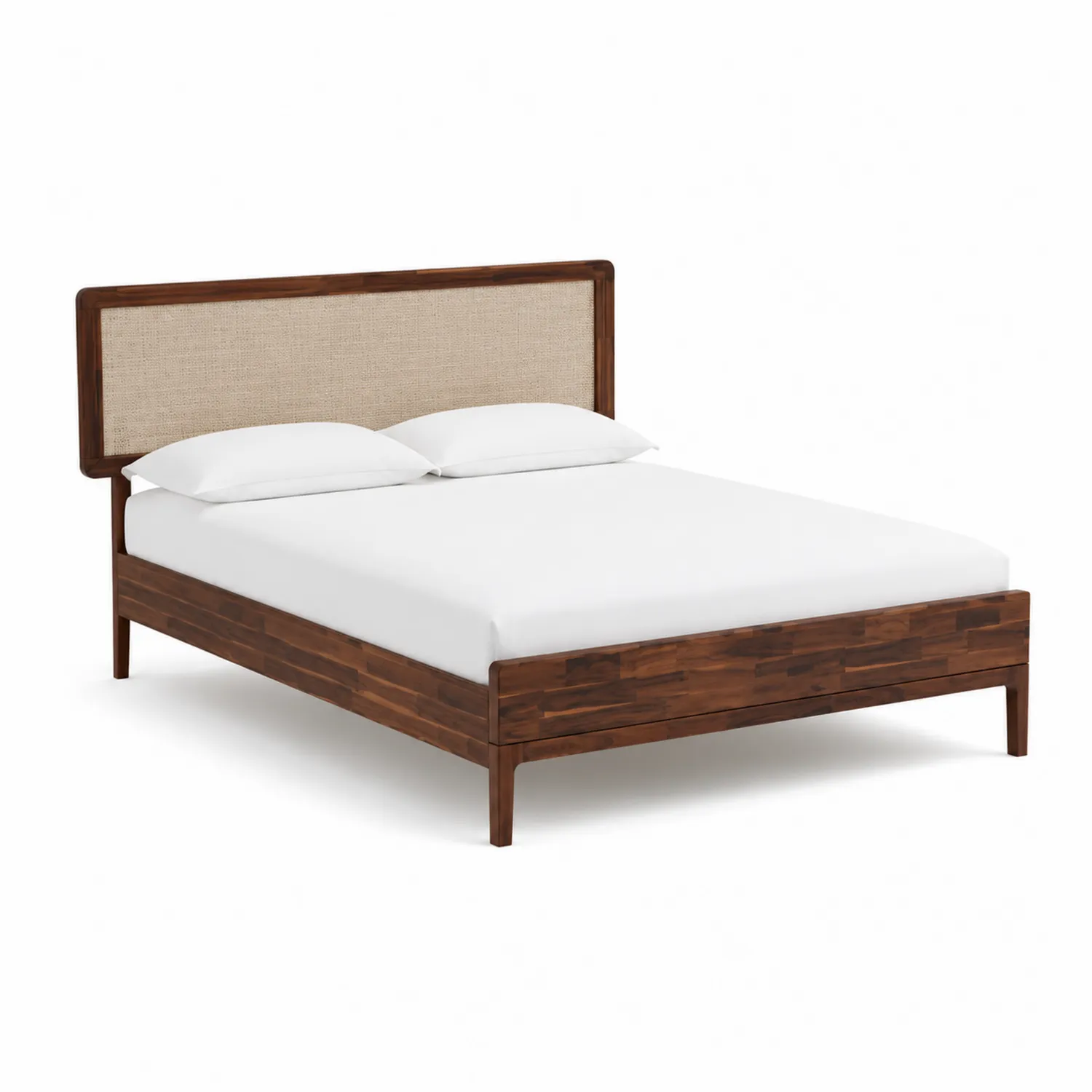 Lit double en bois avec tête de lit en rotin 200x160 cm Brun