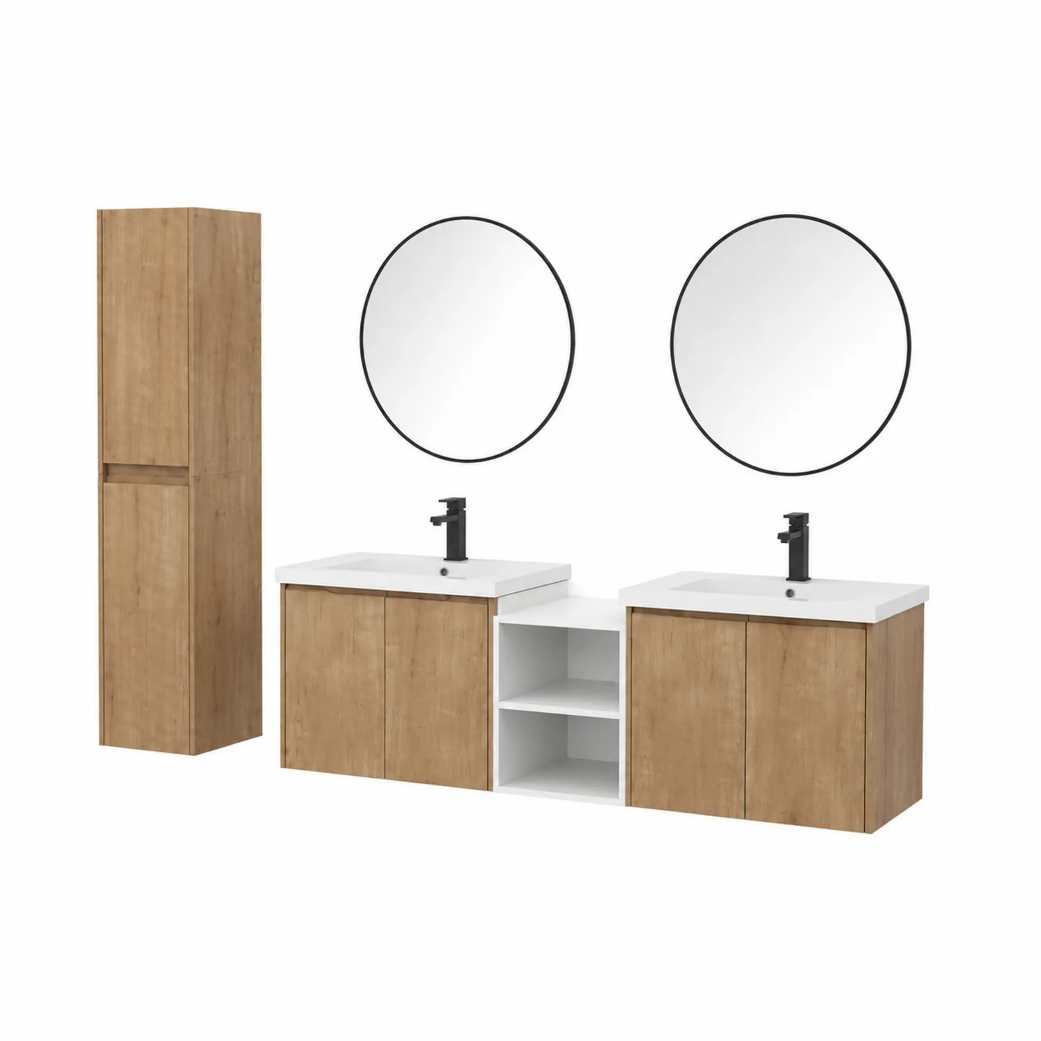 Ensemble de meubles de salle de bain double vasque bois résine avec miroirs ronds