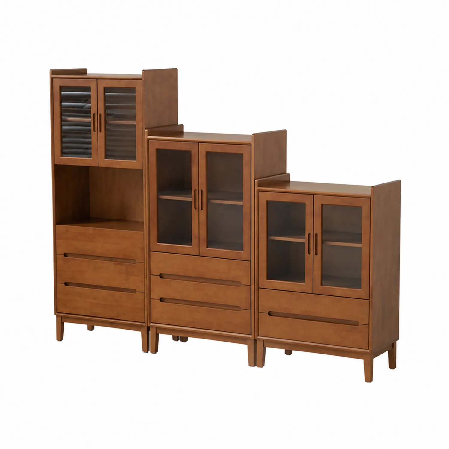 Bibliothèque modulaire en bois avec portes en verre trempé et tiroirs marron