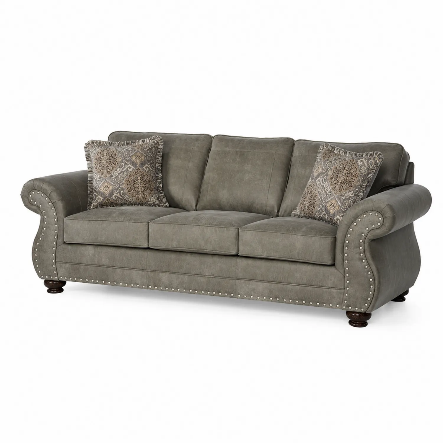 Canapé 3 places en tissu polyester gris avec clous décoratifs