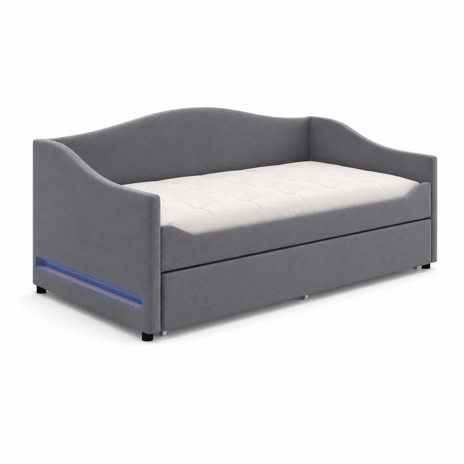 Canapé-lit en tissu gris avec matelas gigogne et éclairage LED