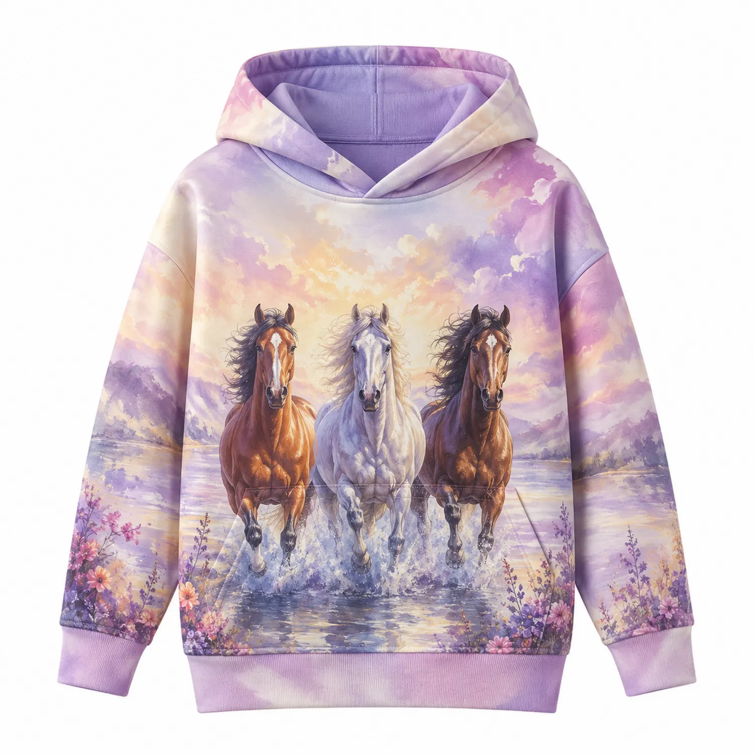 Mädchen Langarm Hoodie Kleid mit Pferde Grafik