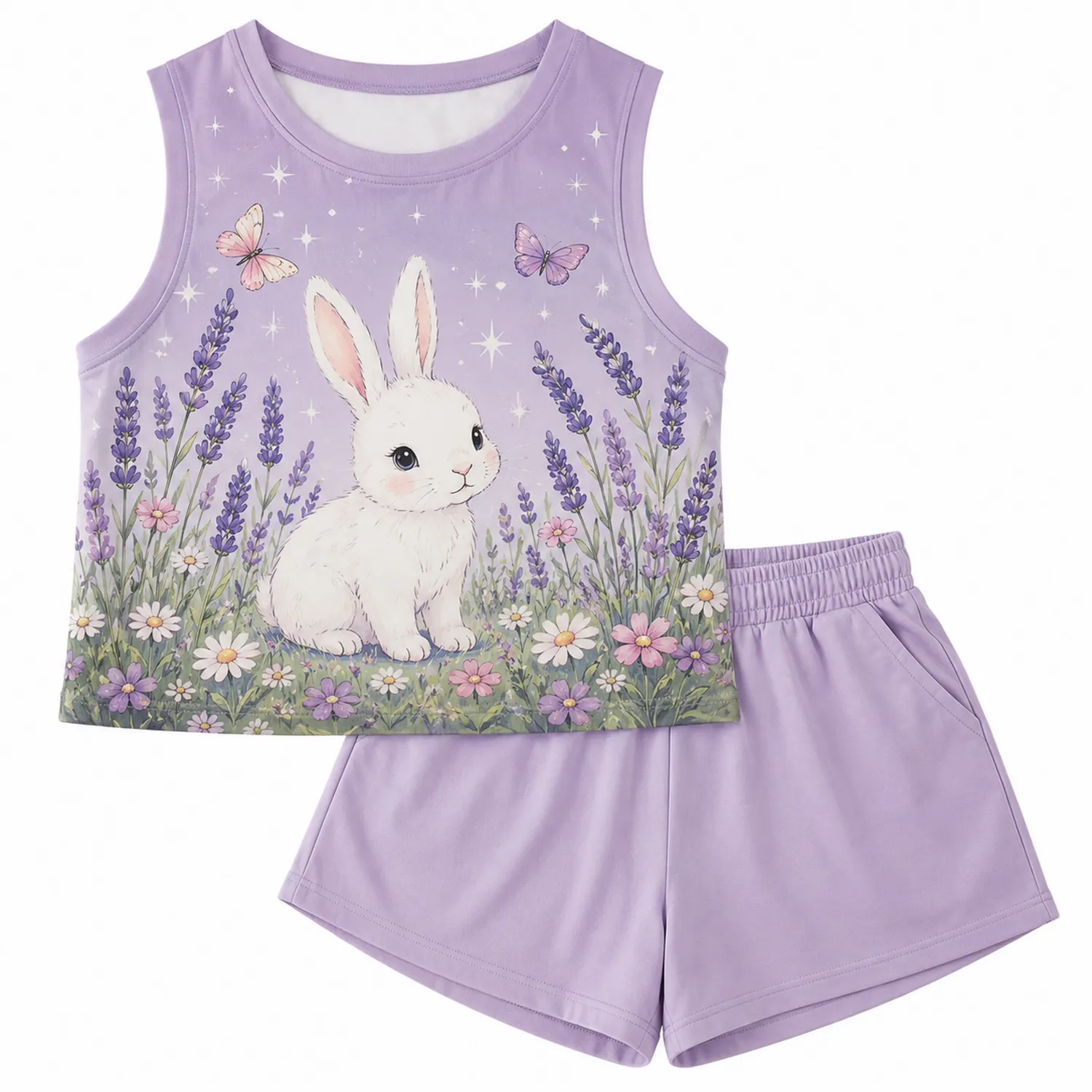Mädchen Sommer Set Ärmelloses Oberteil und Shorts mit Hasenmotiv