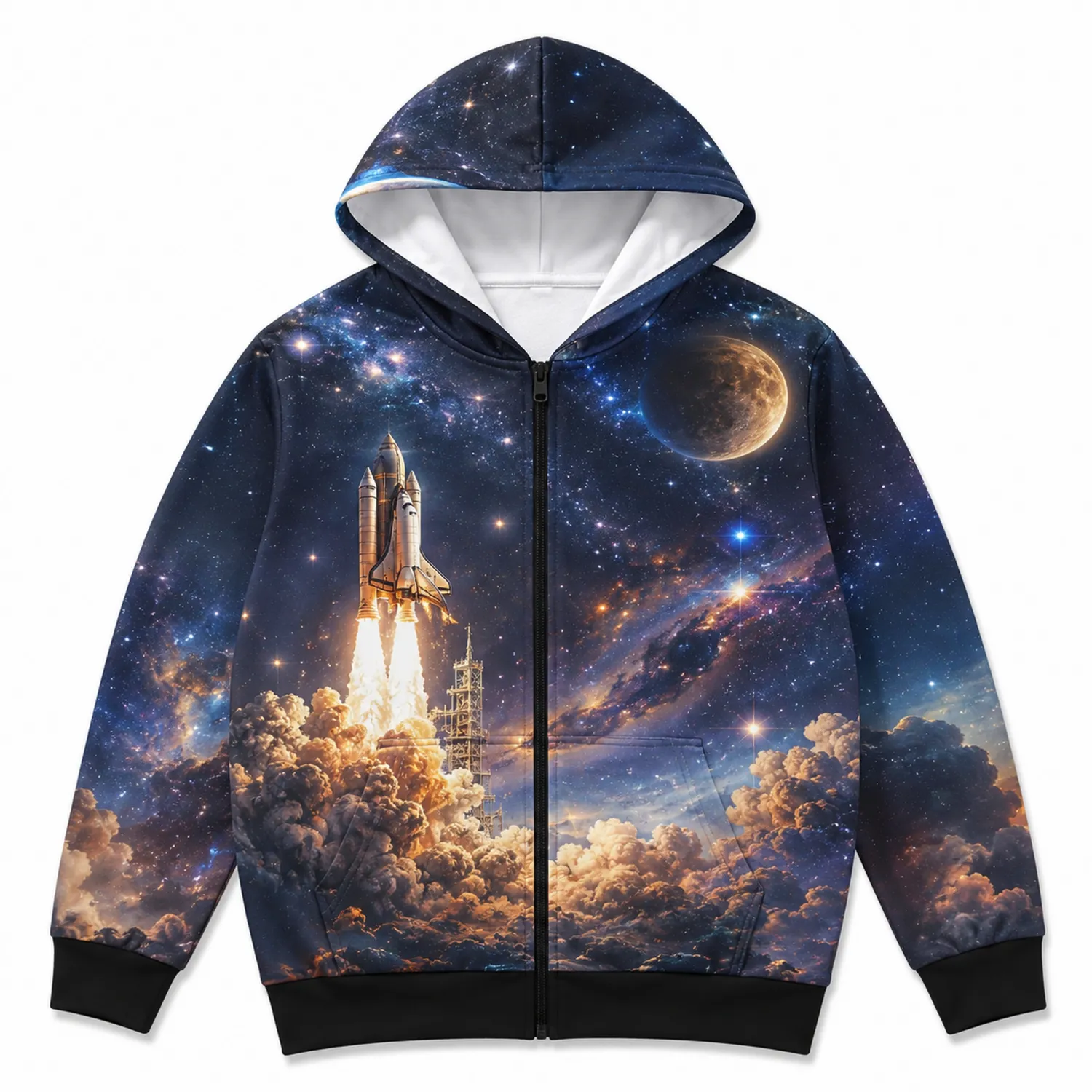 Jungen Hoodie mit Raketenmotiv, Flanellfutter, Reißverschluss, Langarm