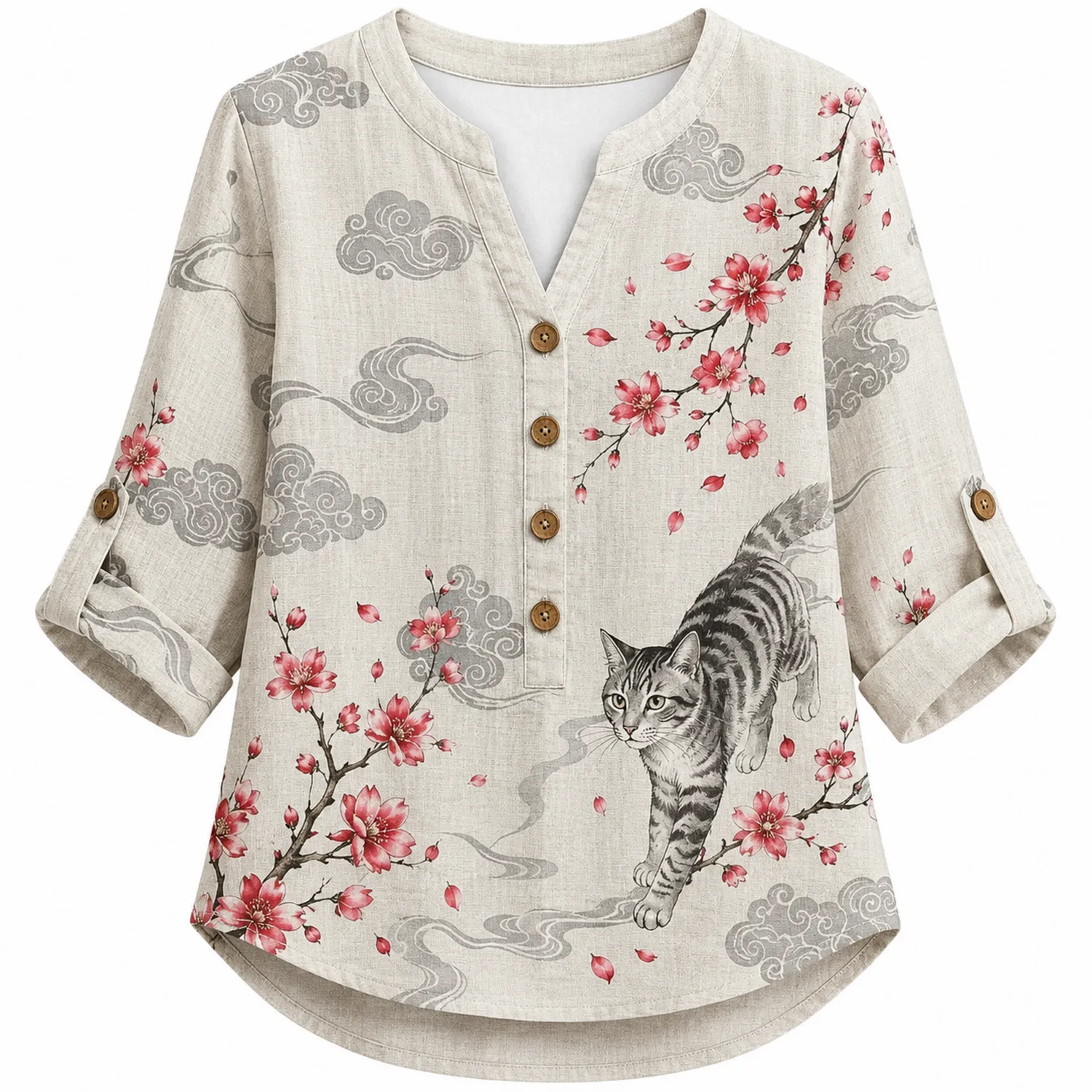 Damen Leinenbluse mit Katzen- und Kirschblütenmuster, 3/4 Ärmel, V-Ausschnitt