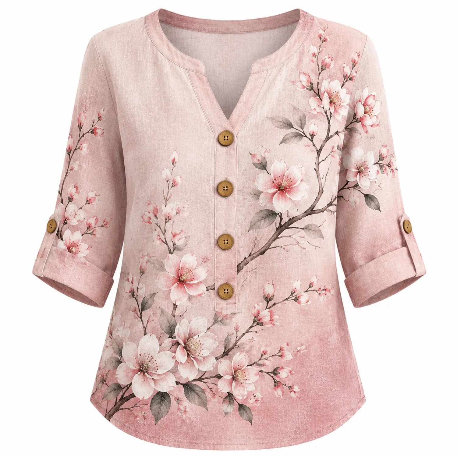 Damen Leinenbluse Kirschblüten Motiv V-Ausschnitt 3/4 Ärmel