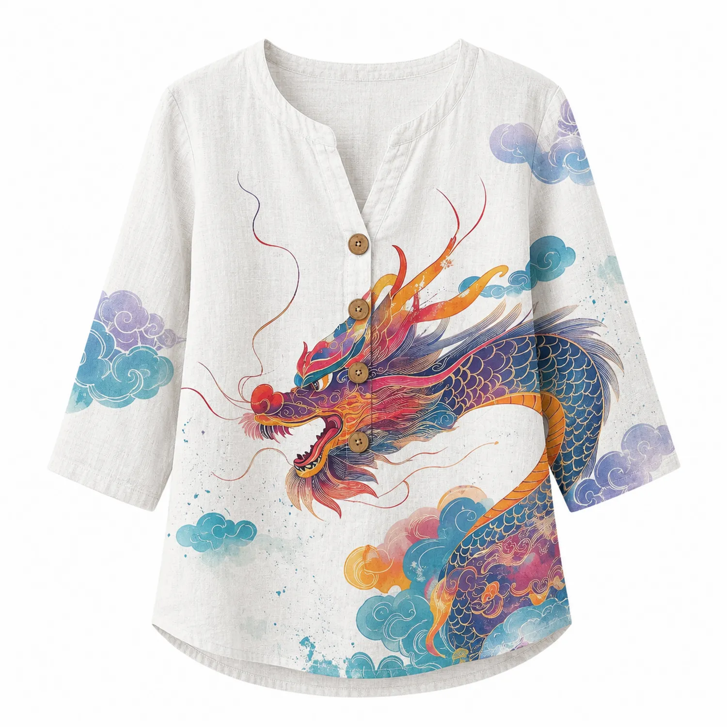 Damen Leinenbluse mit Drachenmotiv, 3/4-Ärmel, V-Ausschnitt