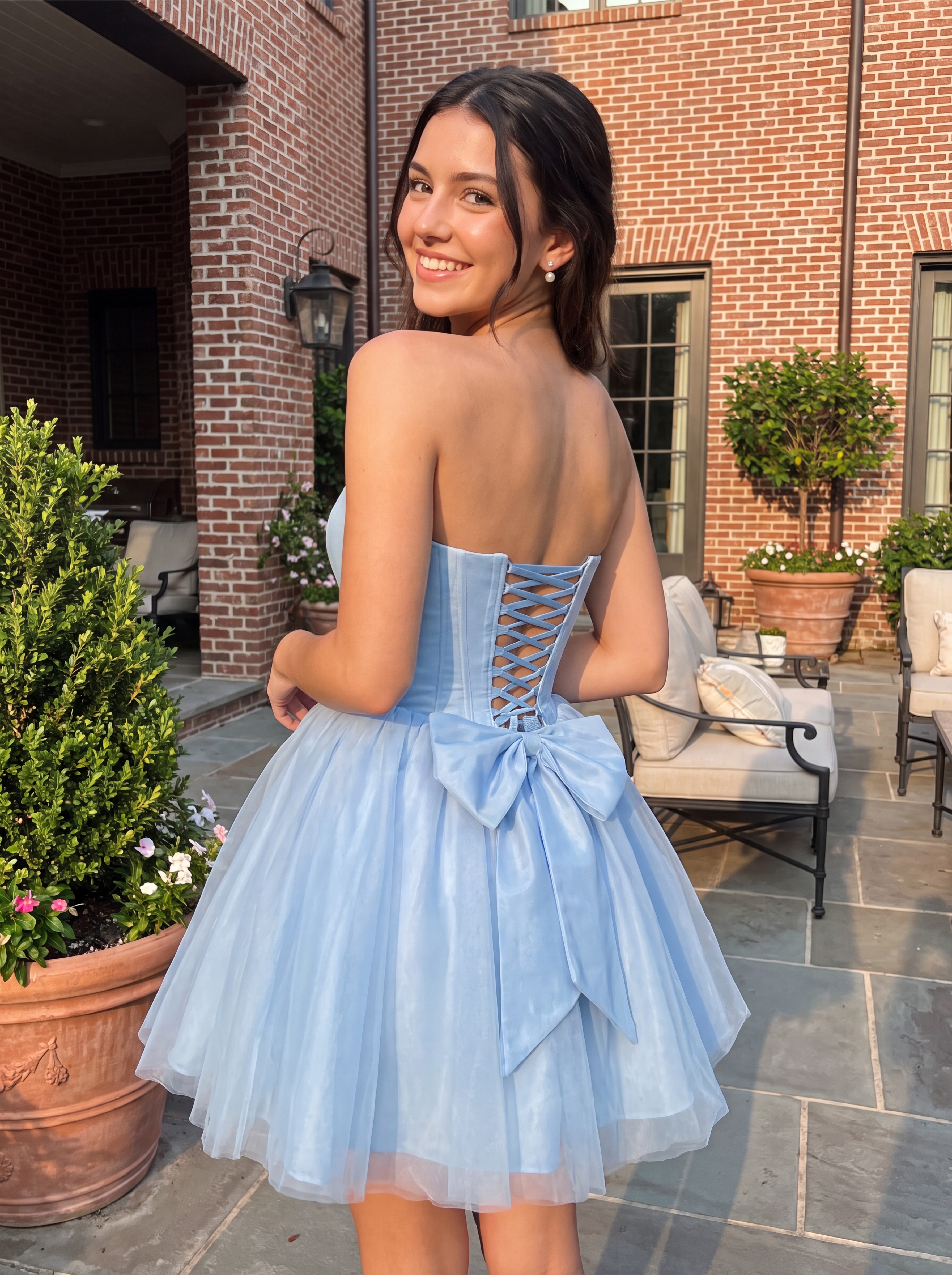 Short A-Line Tulle Homecoming Dress with Strapless Corset and Bow Melania Zorynnex