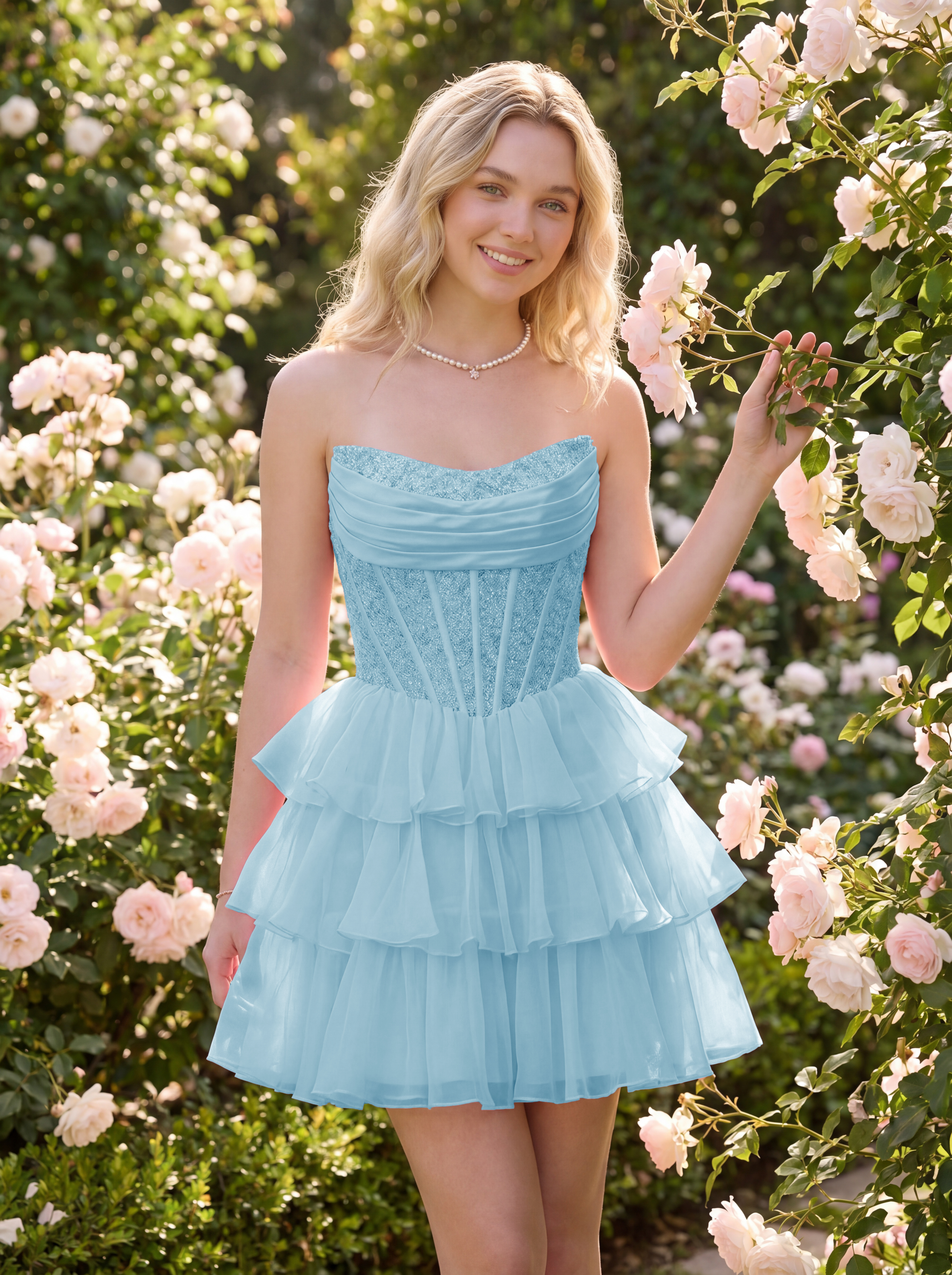 Strapless A-Line Chiffon Mini Beaded Ruffled Homecoming Dress for Teens Girls 2026 Veronica Zorynnex