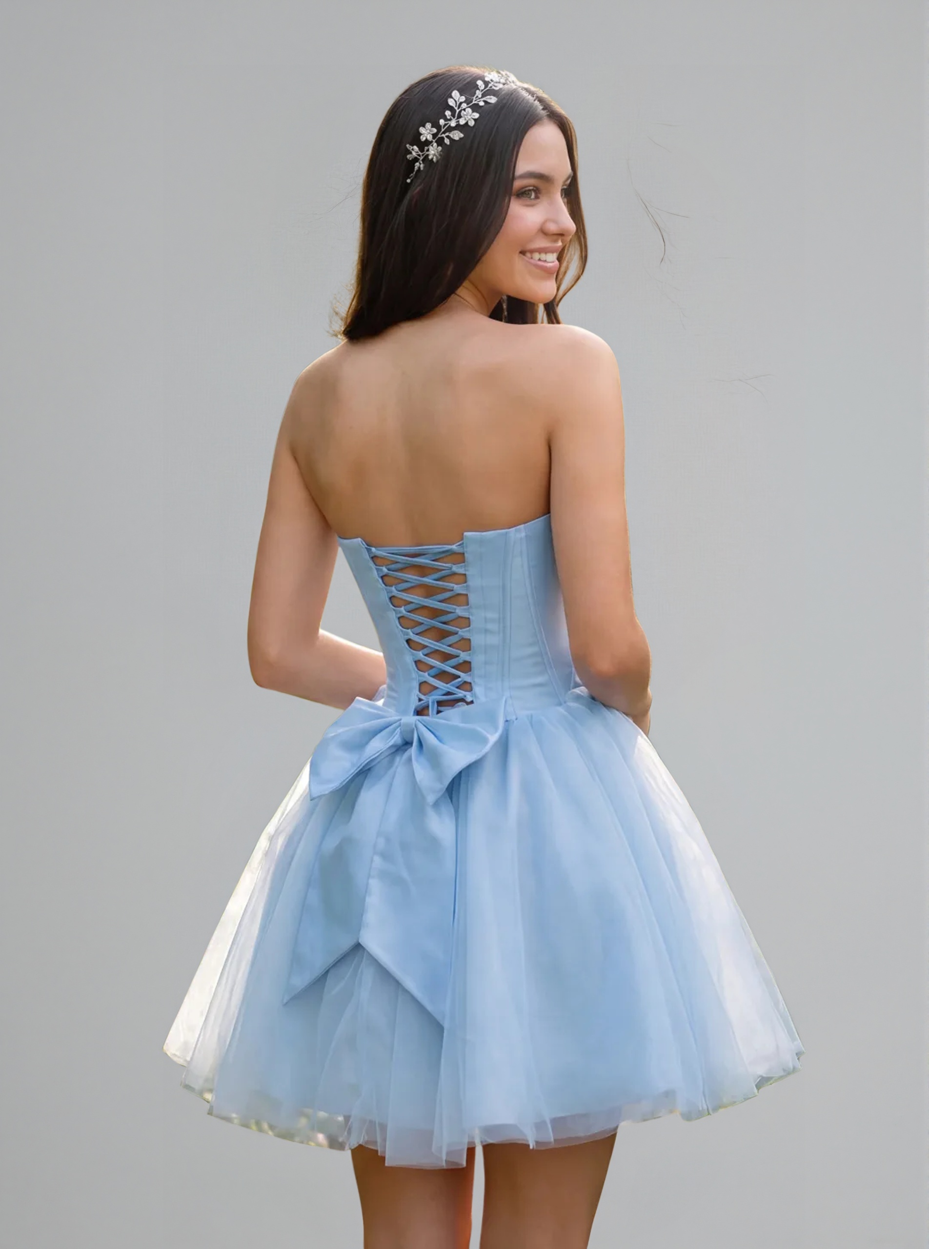 Short A-Line Tulle Homecoming Dress with Strapless Corset and Bow Melania Zorynnex