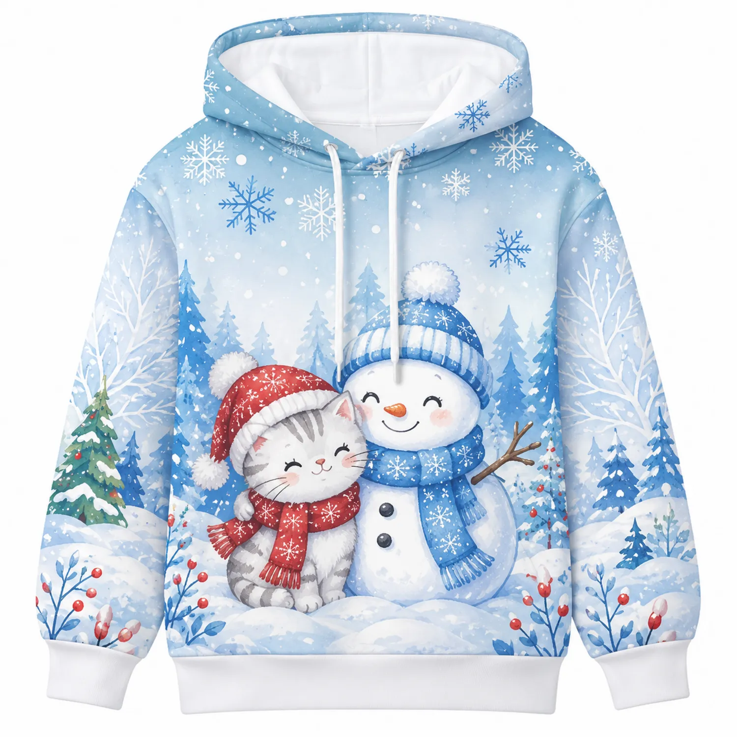 Bluza z kapturem damska z nadrukiem kota i bałwana świąteczna