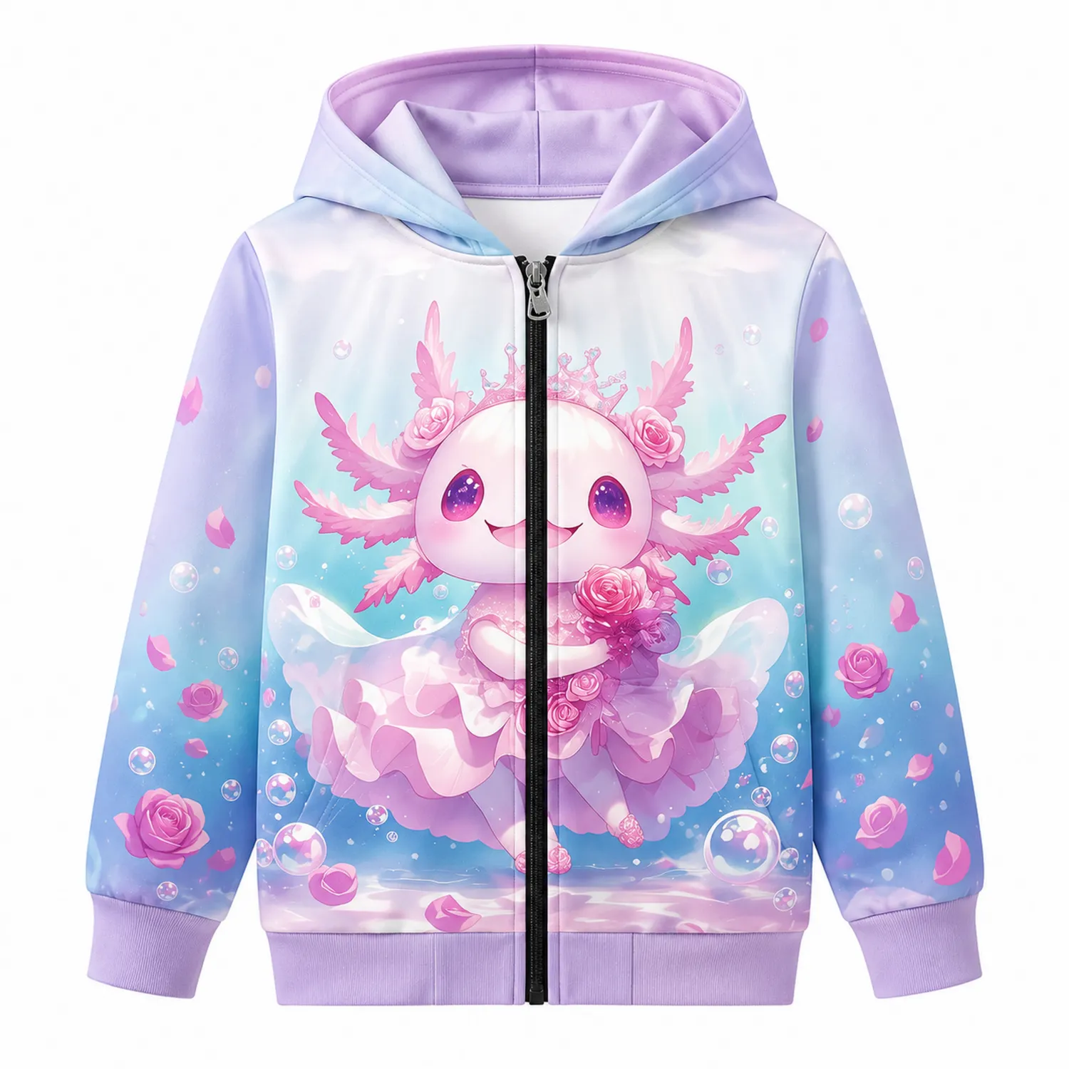 Bluza z kapturem dla dzieci Axolotl Rose z zamkiem, nadruk