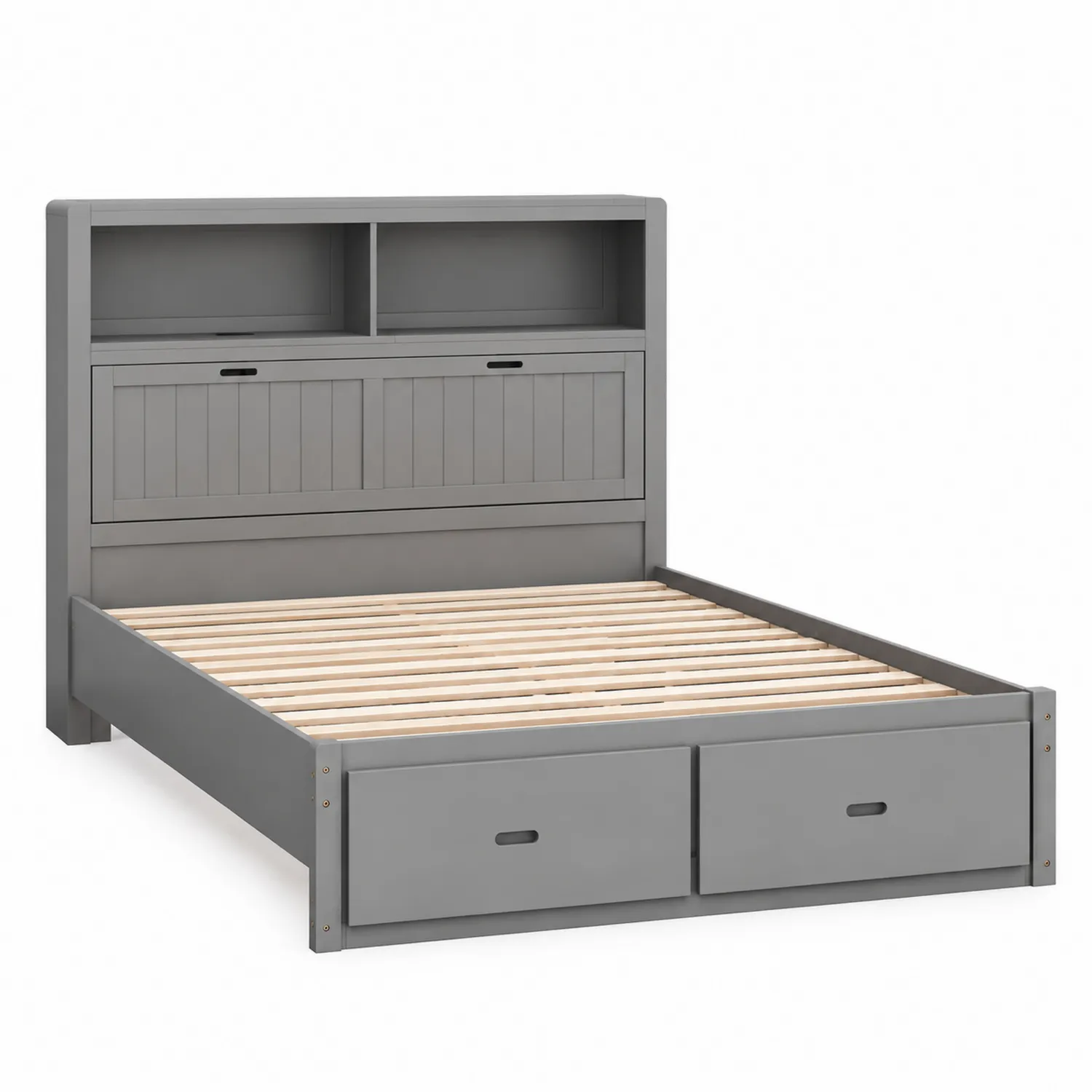 Lit double en bois MDF gris avec rangement et tête de lit 140x200 cm