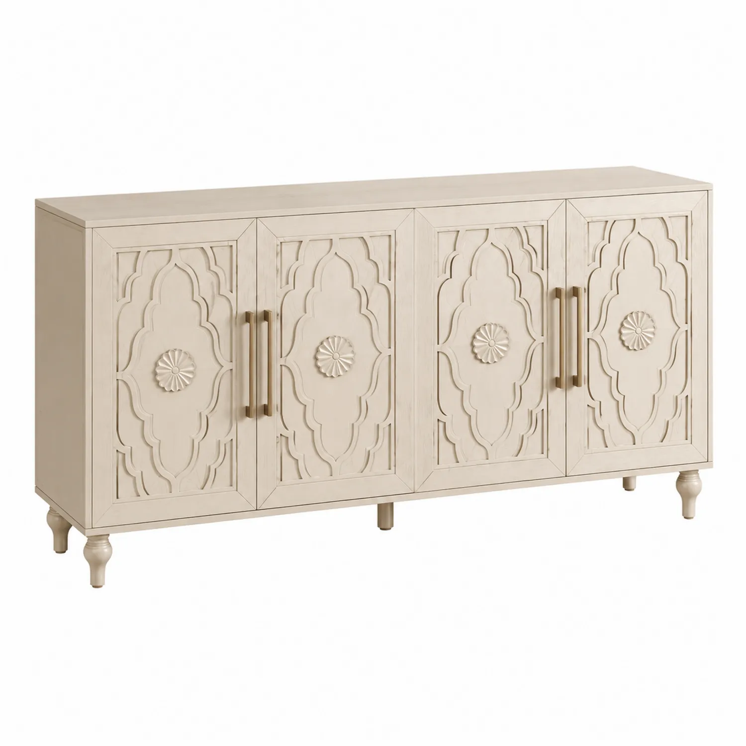 Buffet en bois massif sculpté 4 portes 200x45x85 cm Beige