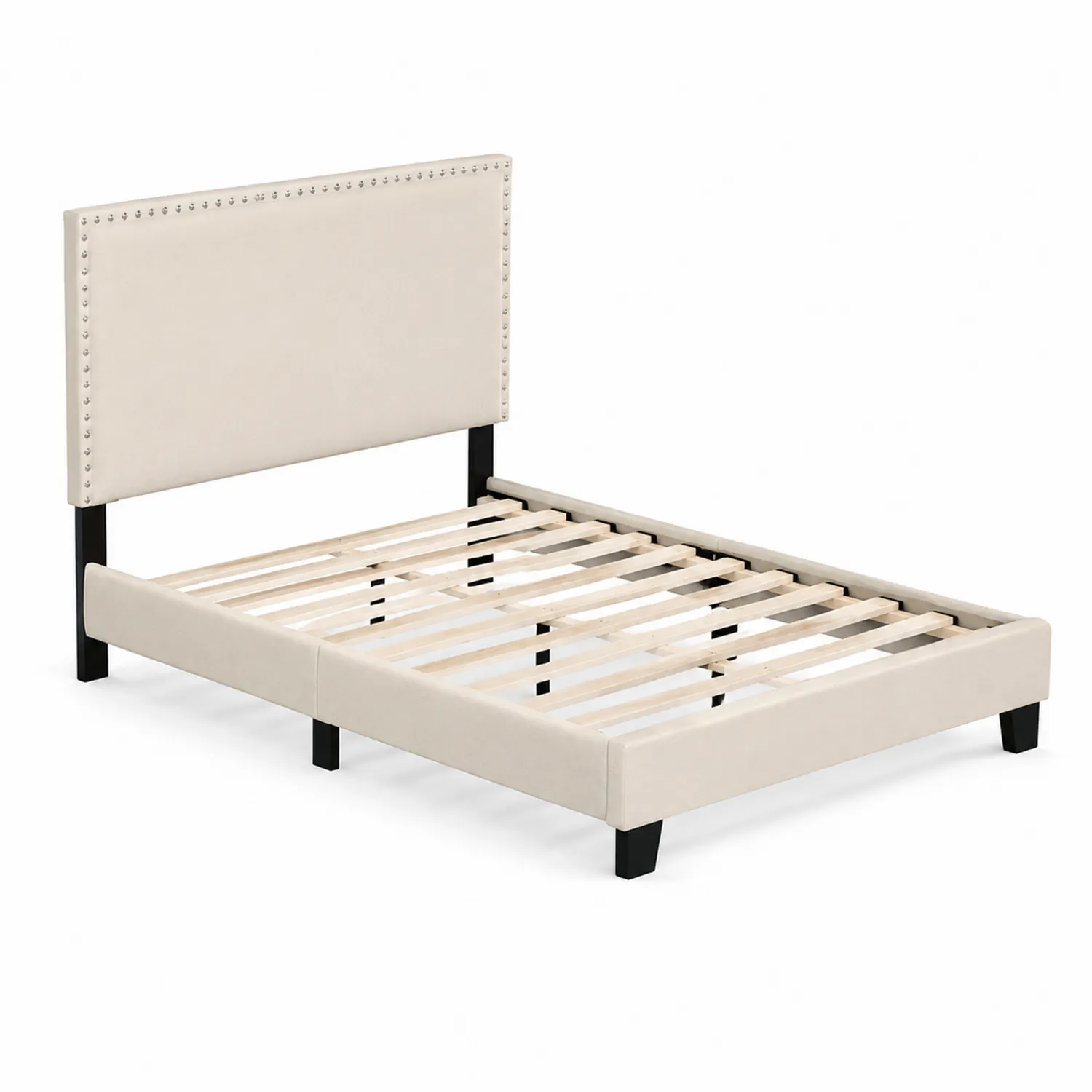 Lit double en bois et similicuir beige avec tête de lit