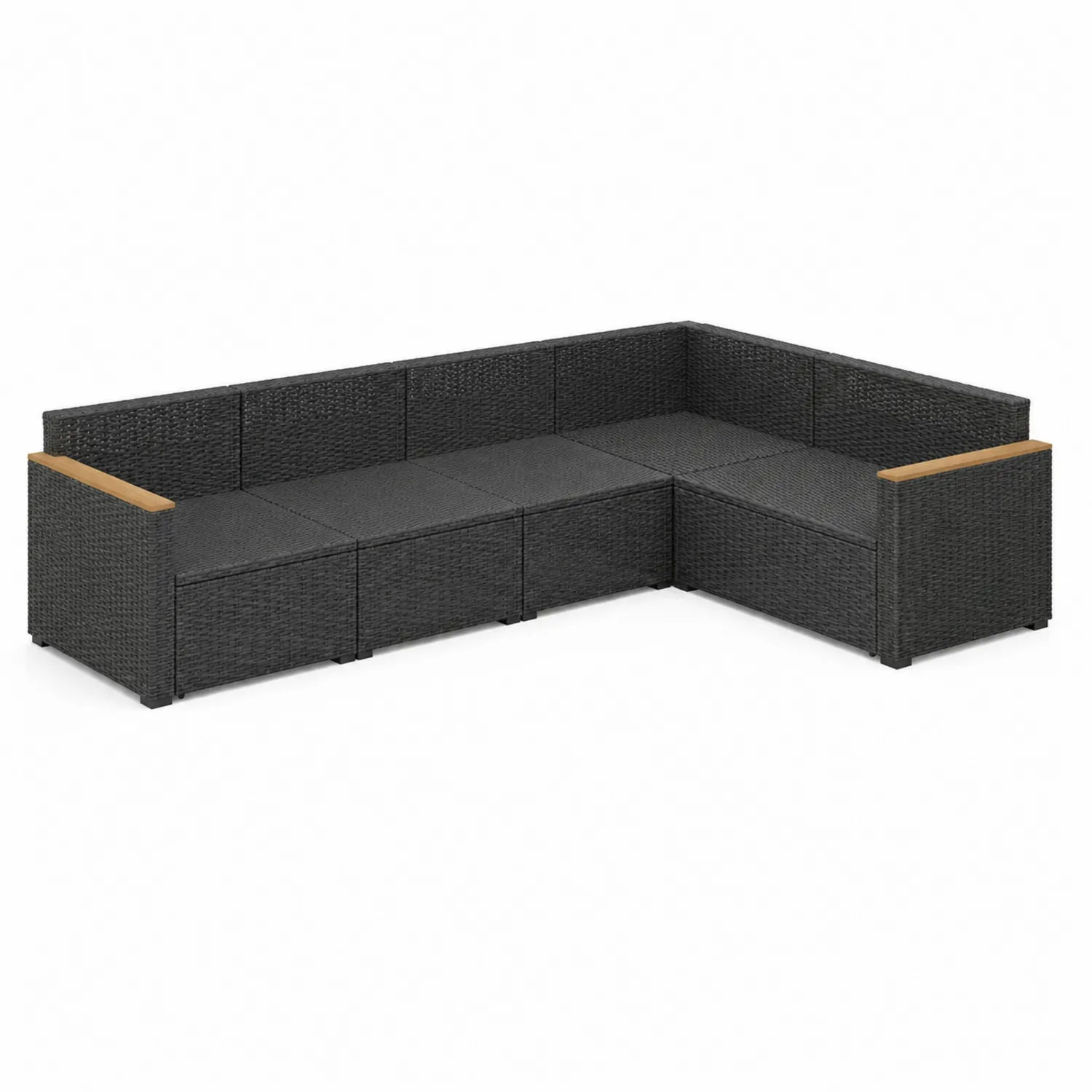 Canapé d'angle en résine tressée noire avec accoudoirs en bois