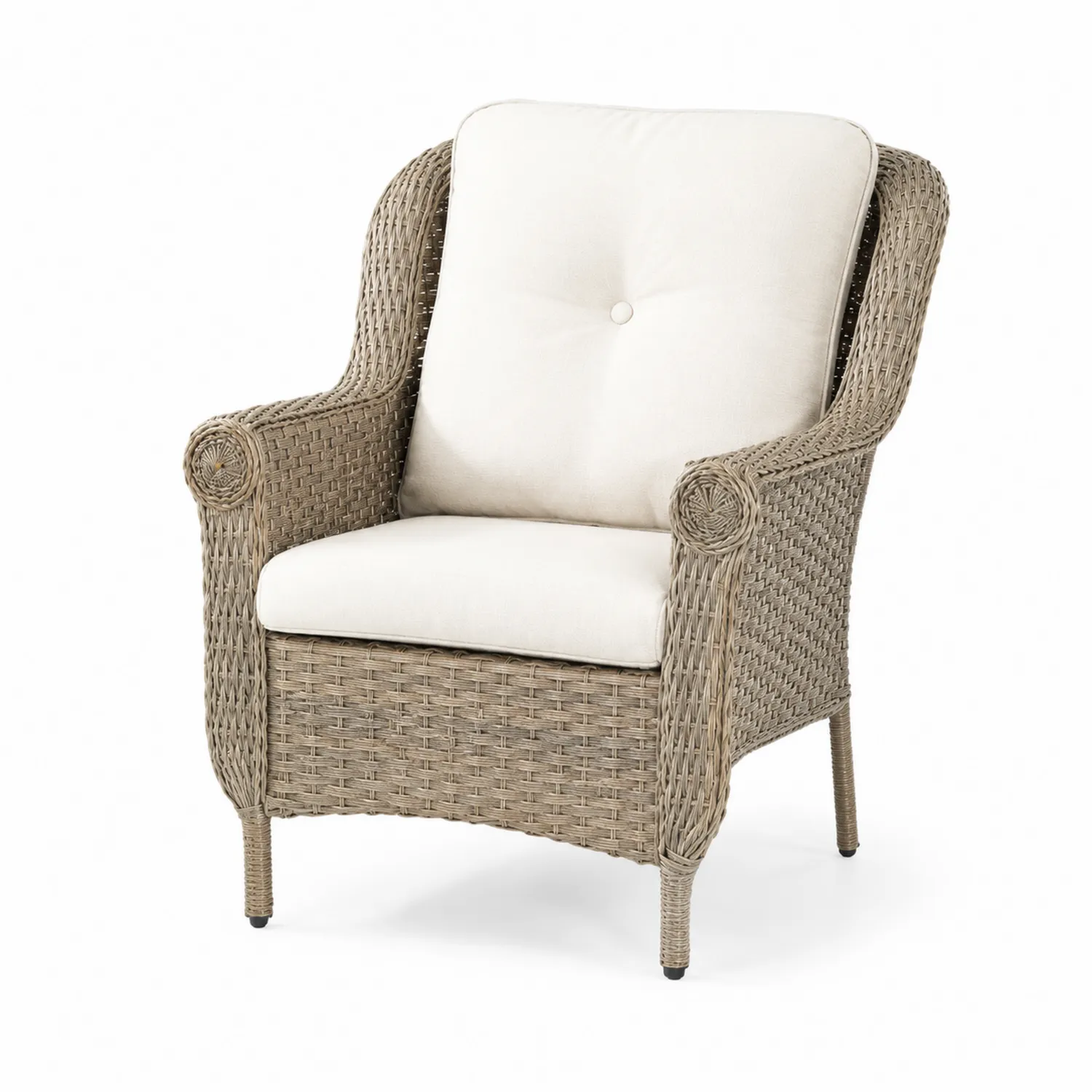 Fauteuil en Résine Tressée avec Coussins Beiges