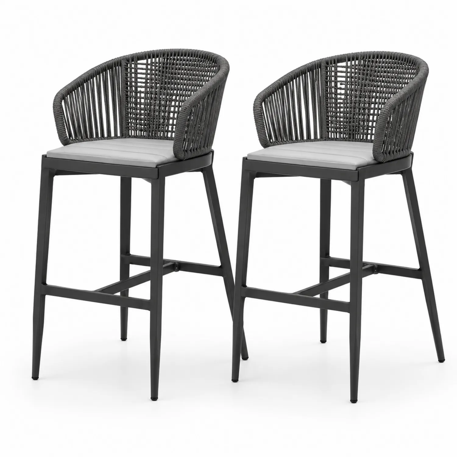 Tabourets de bar en métal et corde, lot de 2, Gris
