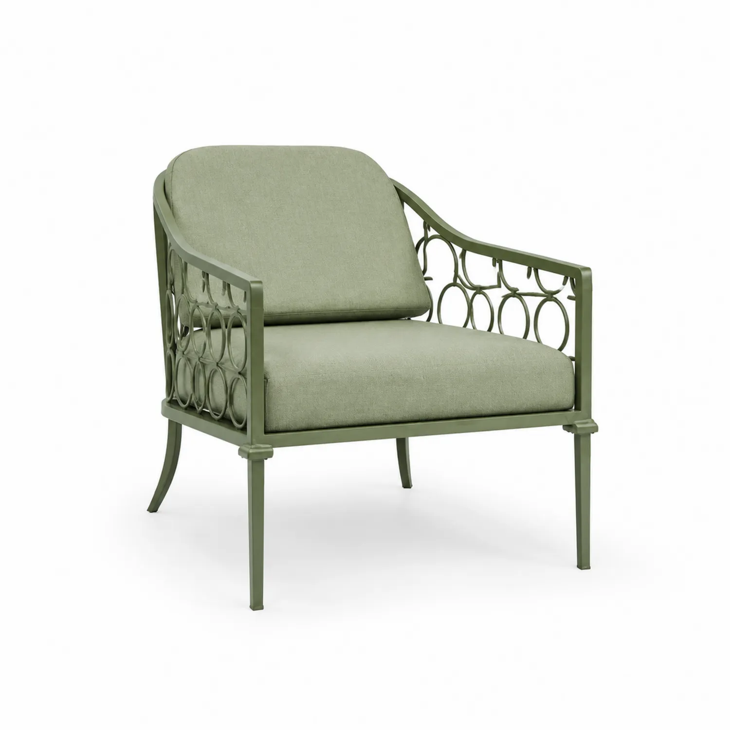 Fauteuil en aluminium avec coussins en tissu vert olive