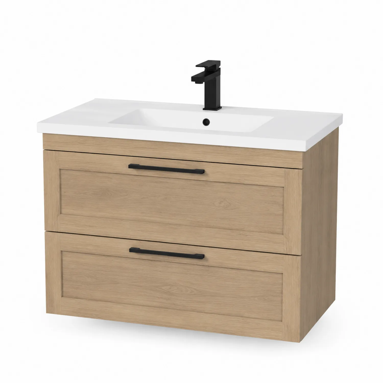 Meuble lavabo suspendu en chêne et vasque en céramique blanche 80 cm