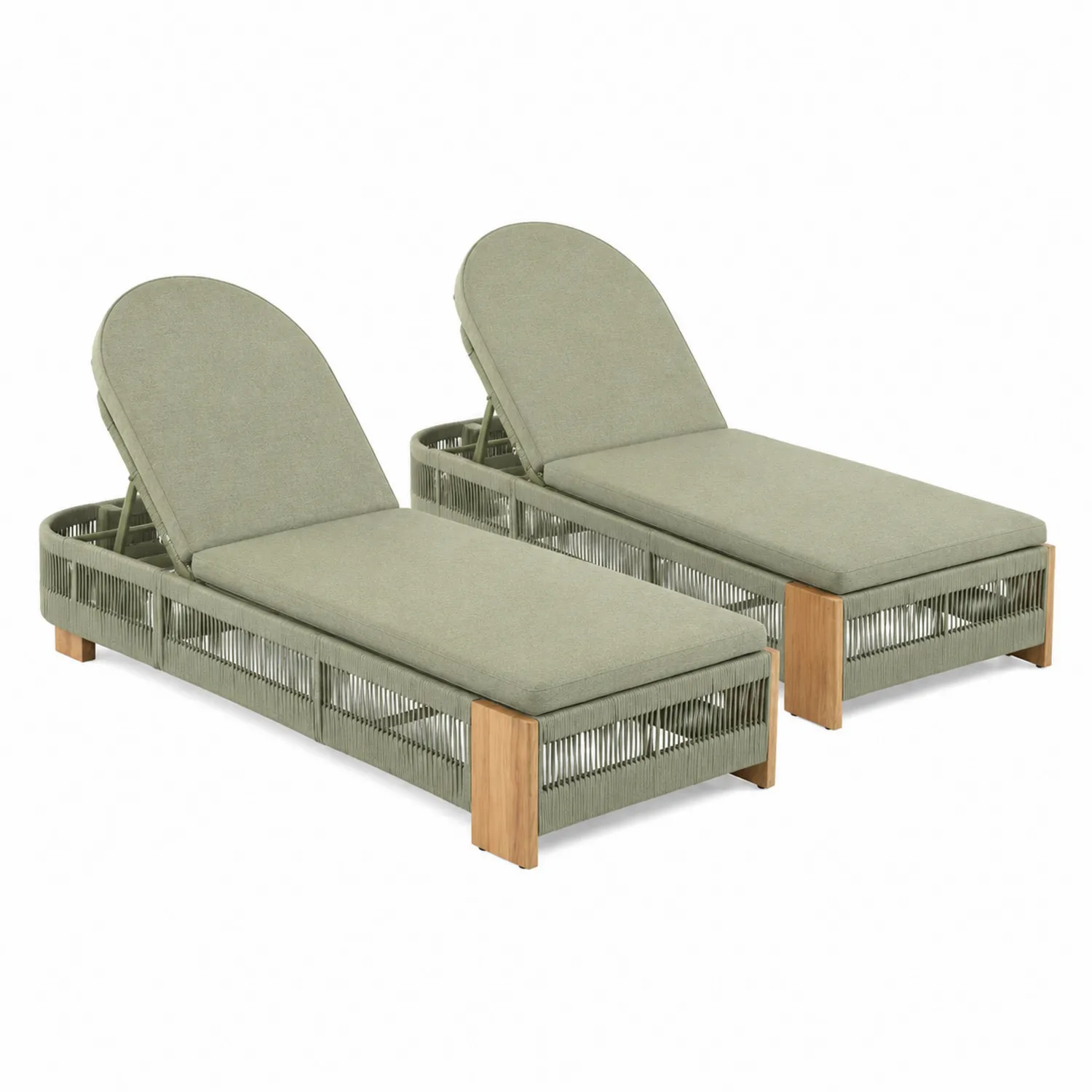 Paire de chaises longues en bois et polyéthylène avec coussins vert ajustables