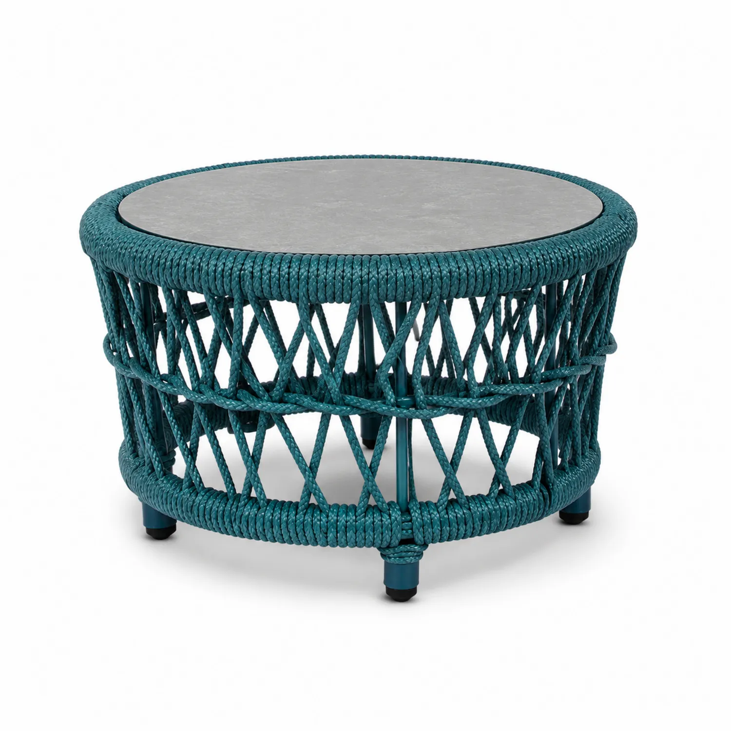 Table basse ronde en corde et verre trempé D80 cm Bleu