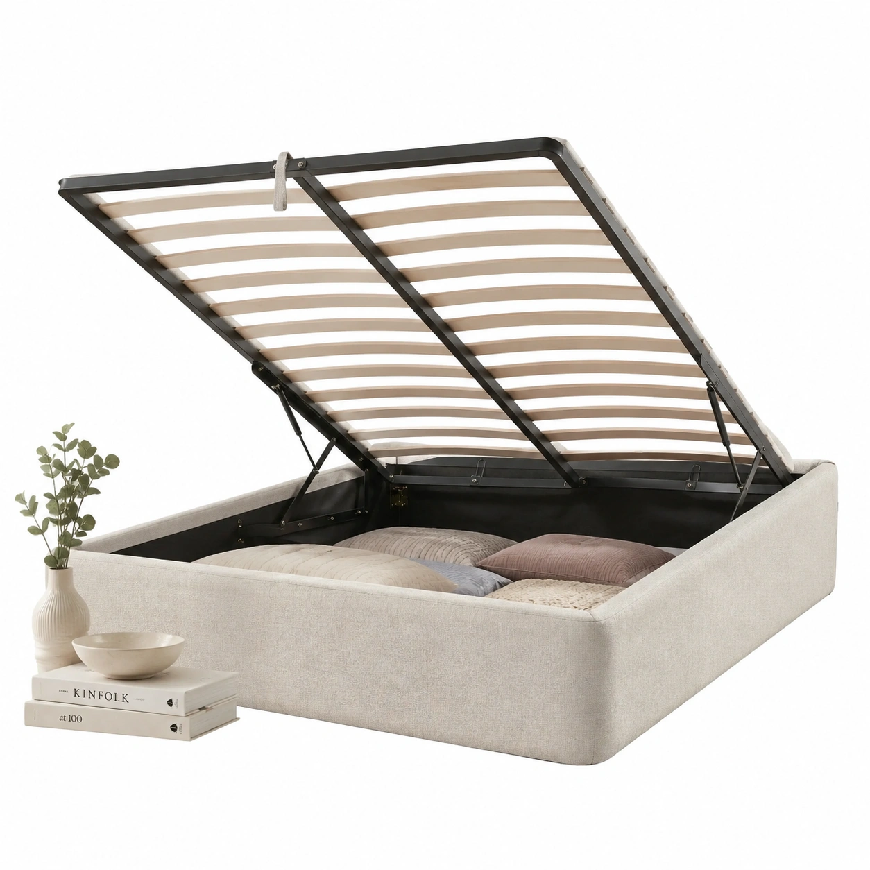 Cama beige con baul interior-Hometrailo
