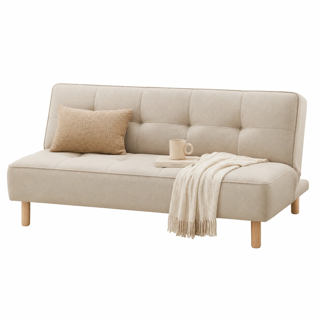 Sofa cama beige con respaldo capitone-Hometrailo
