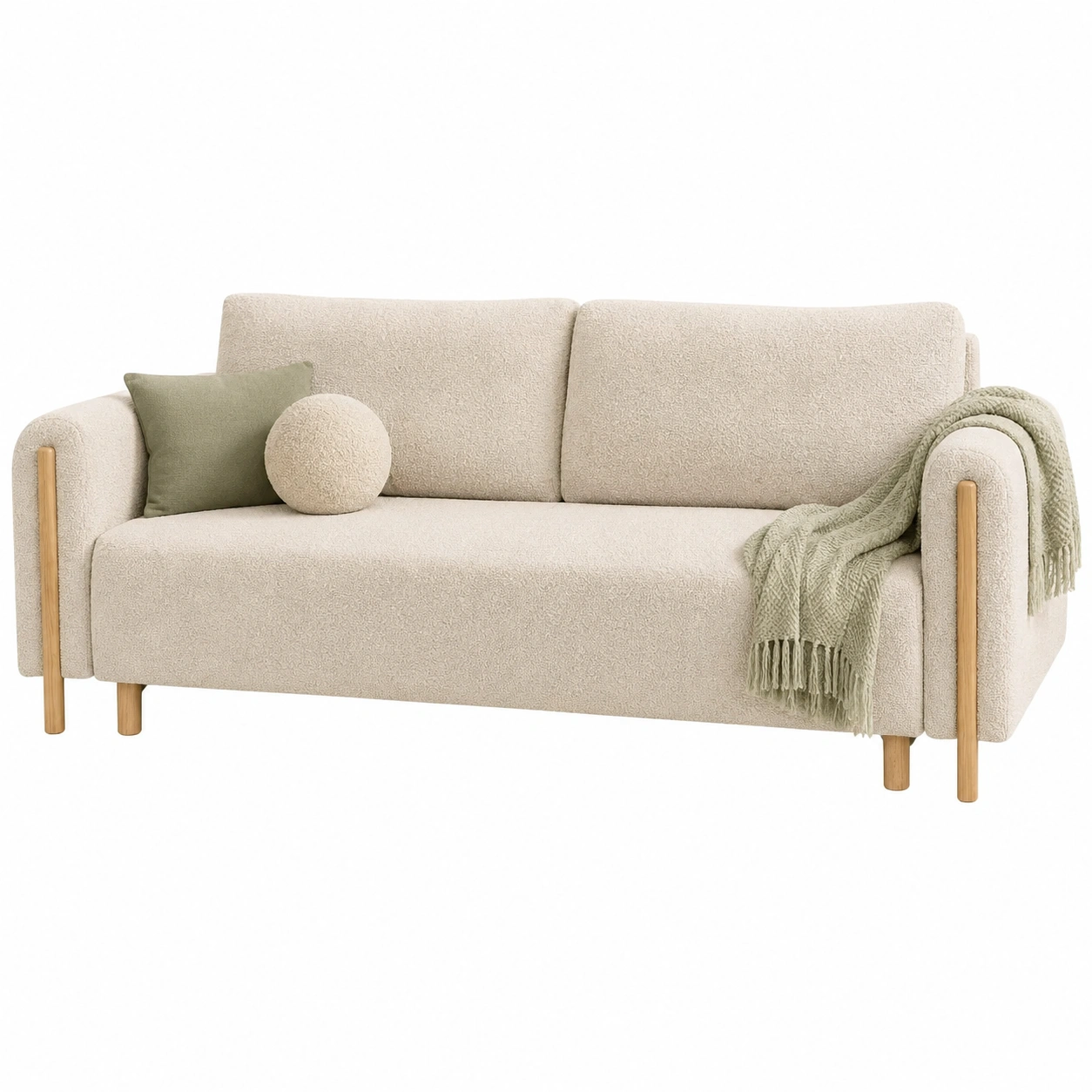 Sofa nordico bouclado crema con detalles de madera-Hometrailo