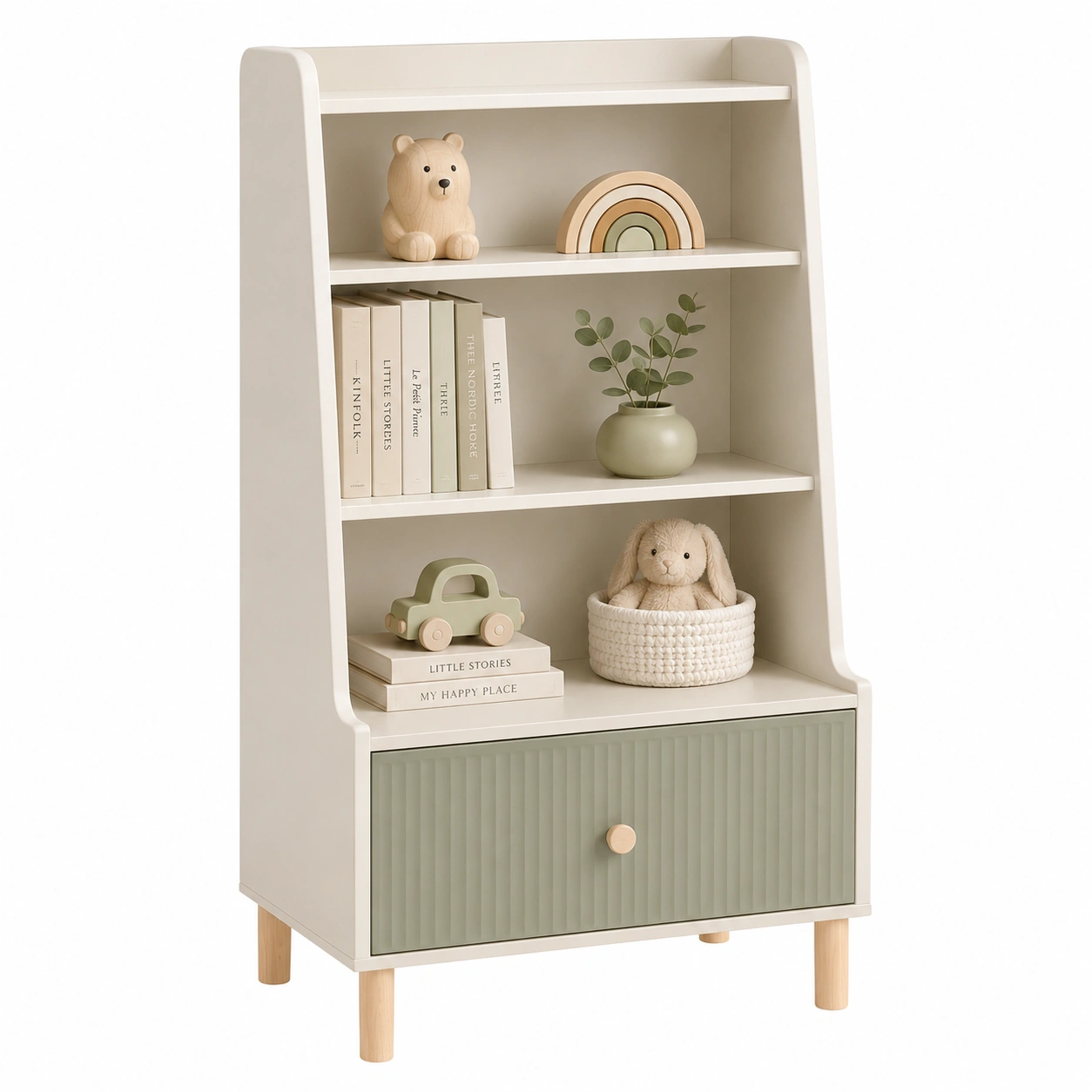 Estanteria infantil beige nordica con cajon verde salvia-Hometrailo