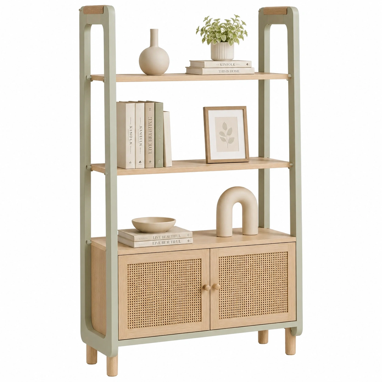 Estanteria nordica verde salvia con puertas de ratan-Hometrailo