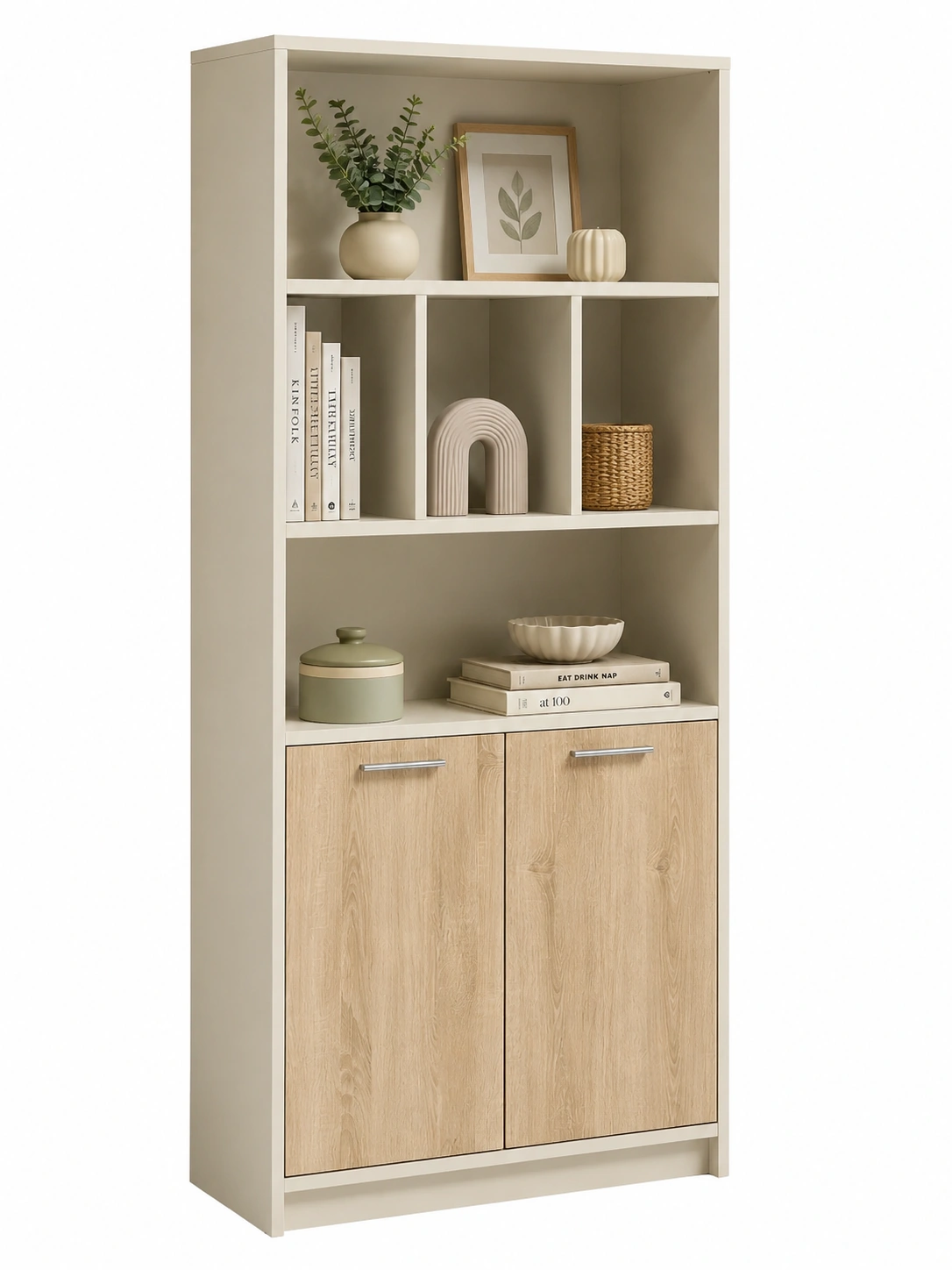 Estanteria moderna bicolor con puertas de madera-Hometrailo