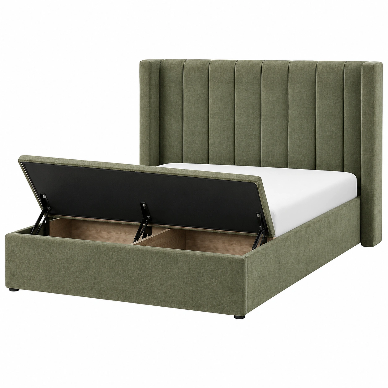 Cama tapizada moderna con cabecero vertical y almacenamiento interior abatible para dormitorio elegante-Hometrailo