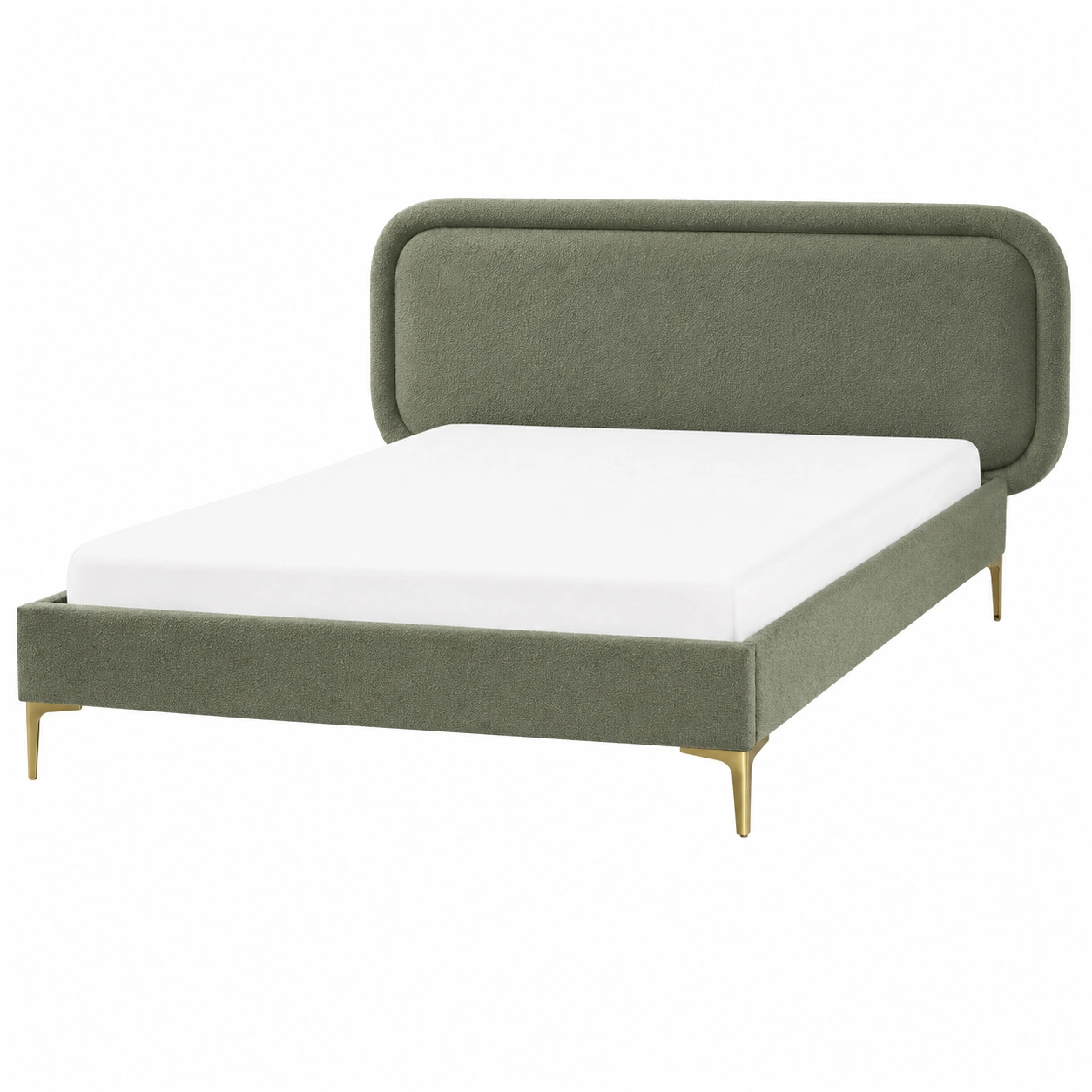 Cama tapizada baja con cabecero curvo y patas doradas estilo moderno para dormitorio minimalista-Hometrailo